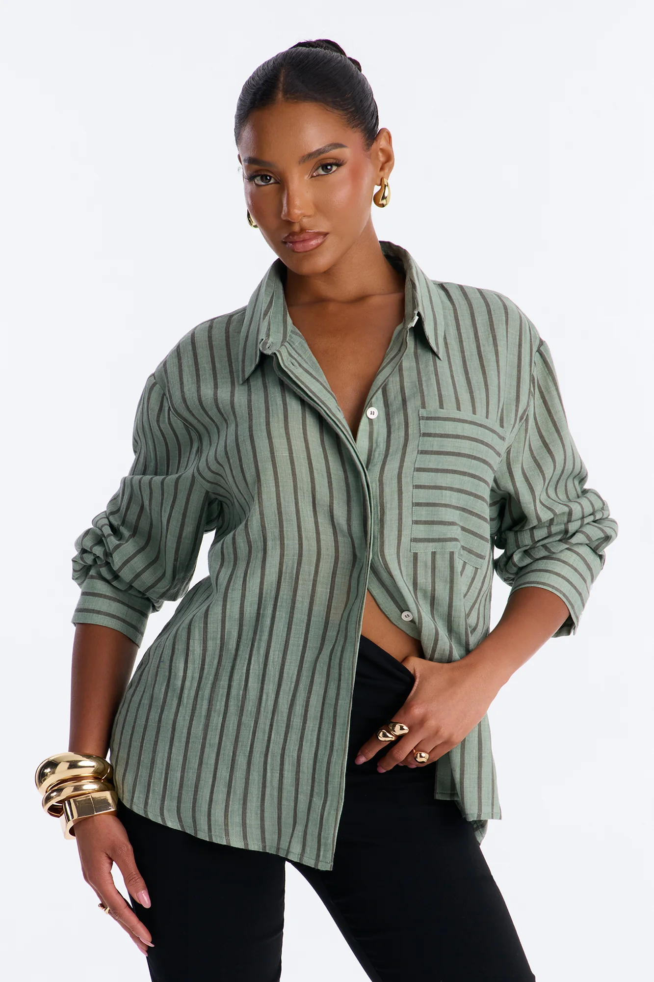 Wishing For It Striped Linen Shirt - Green/combo