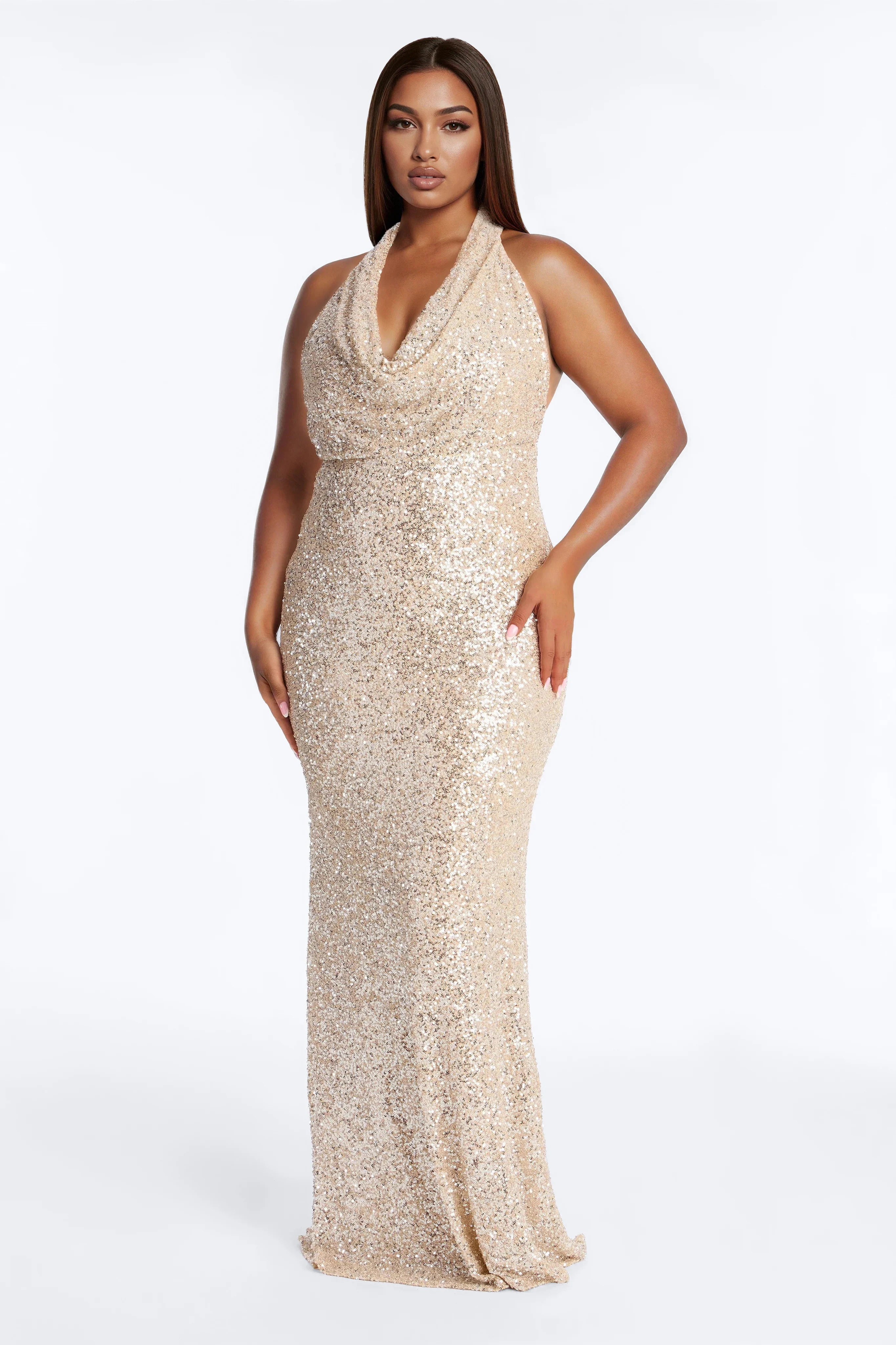 Wynter Backless Sequin Gown - Champagne - Image 5