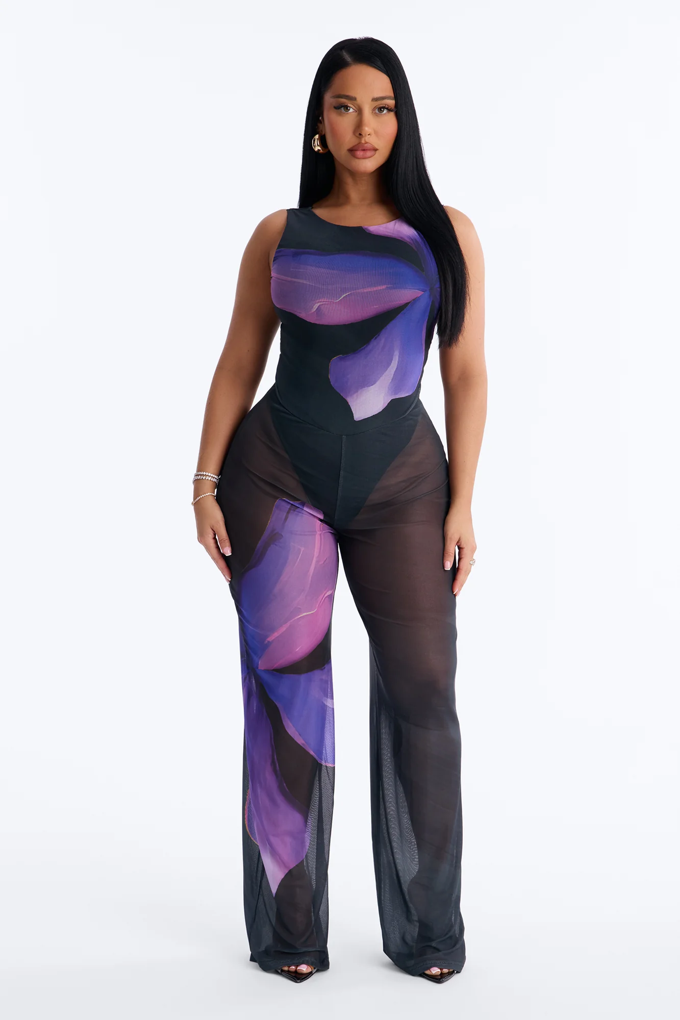 Yara Backless Mesh Jumpsuit - Purple