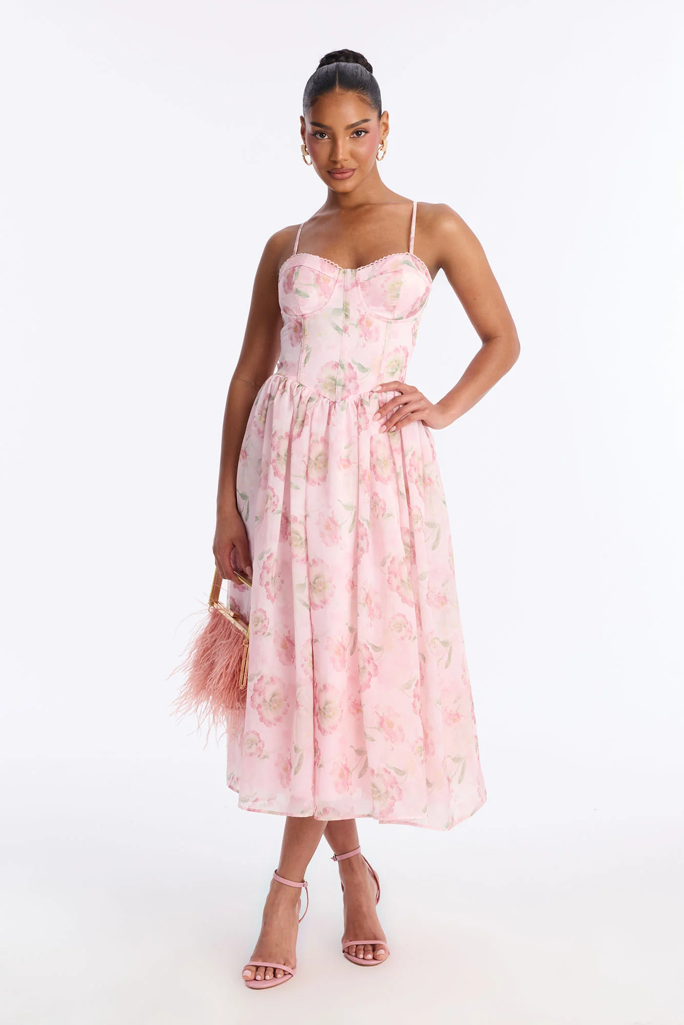 Yara Floral Organza Midi Dress - Pink
