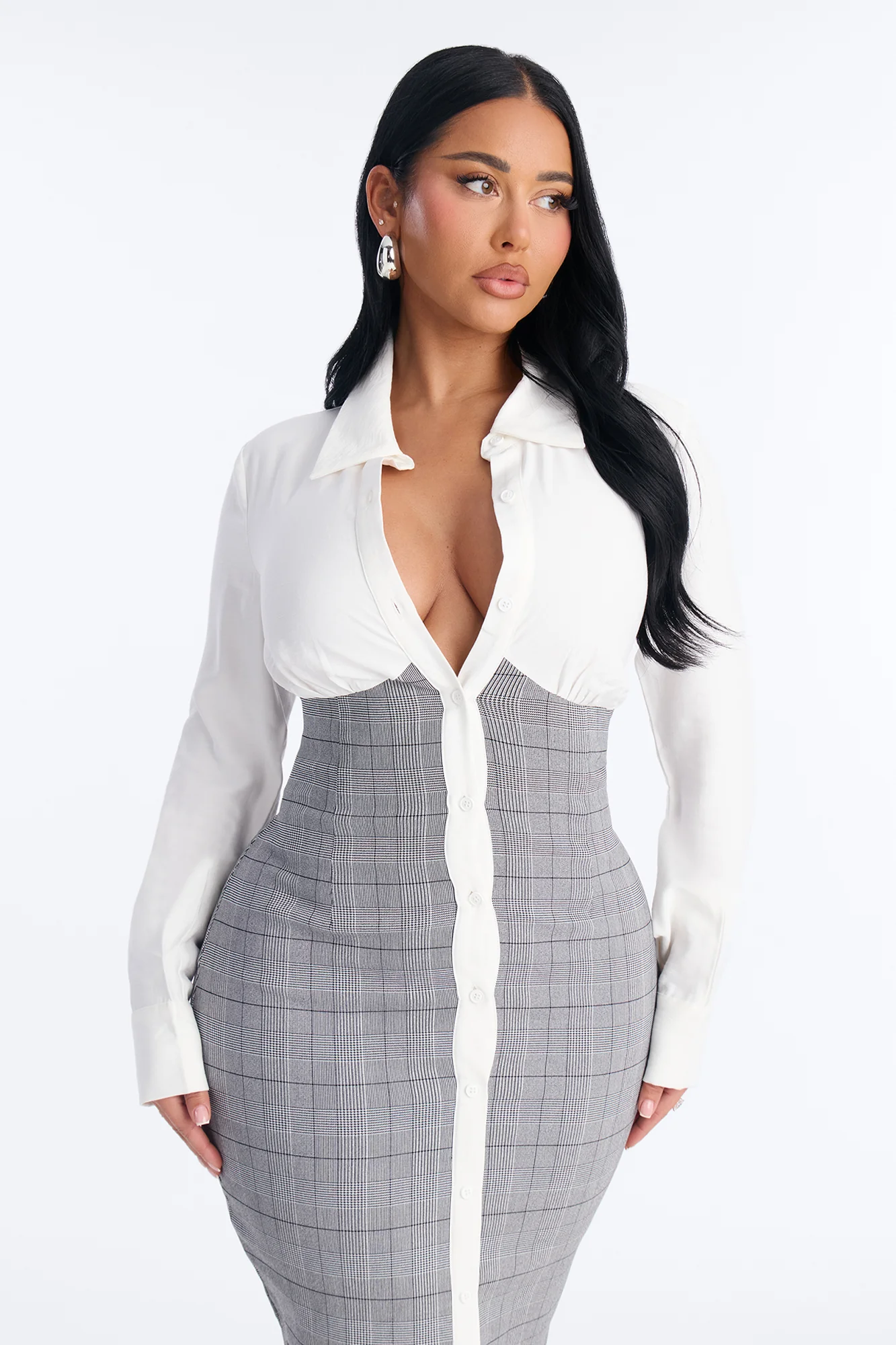 Yasmin Plaid Shirt Midi Dress - Grey/combo - Image 2