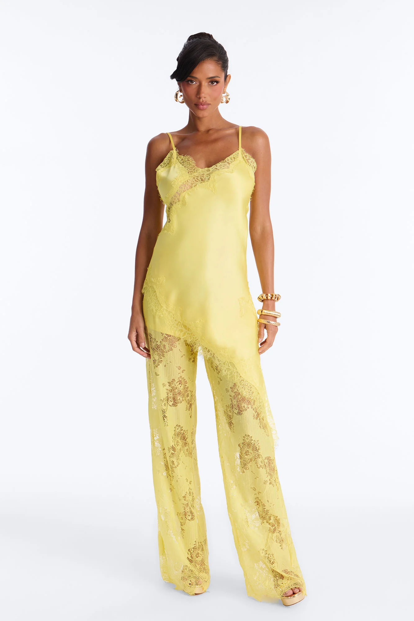 Yasmin Satin Lace Pant Set - Yellow