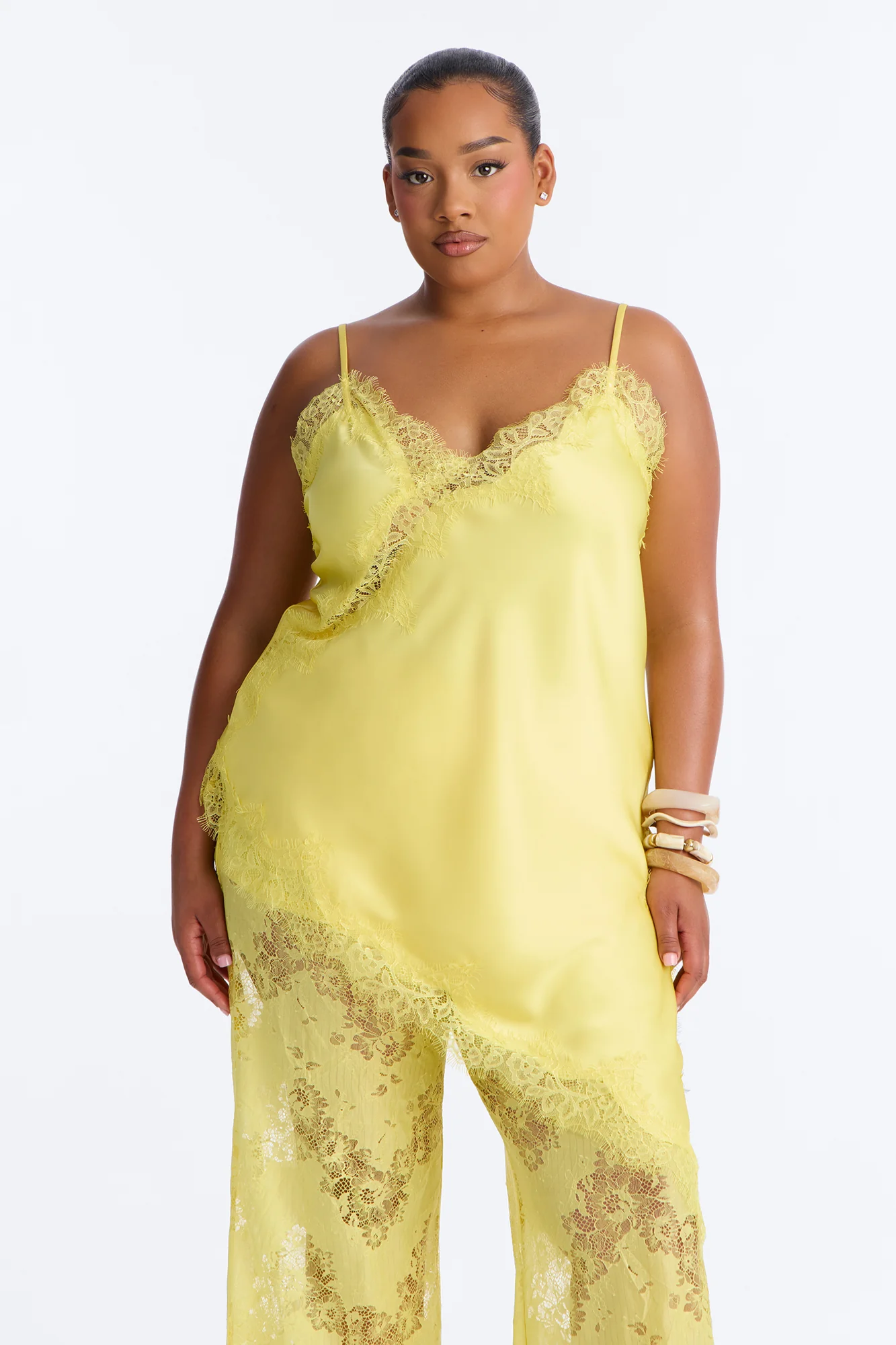 Yasmin Satin Lace Pant Set - Yellow - Image 6