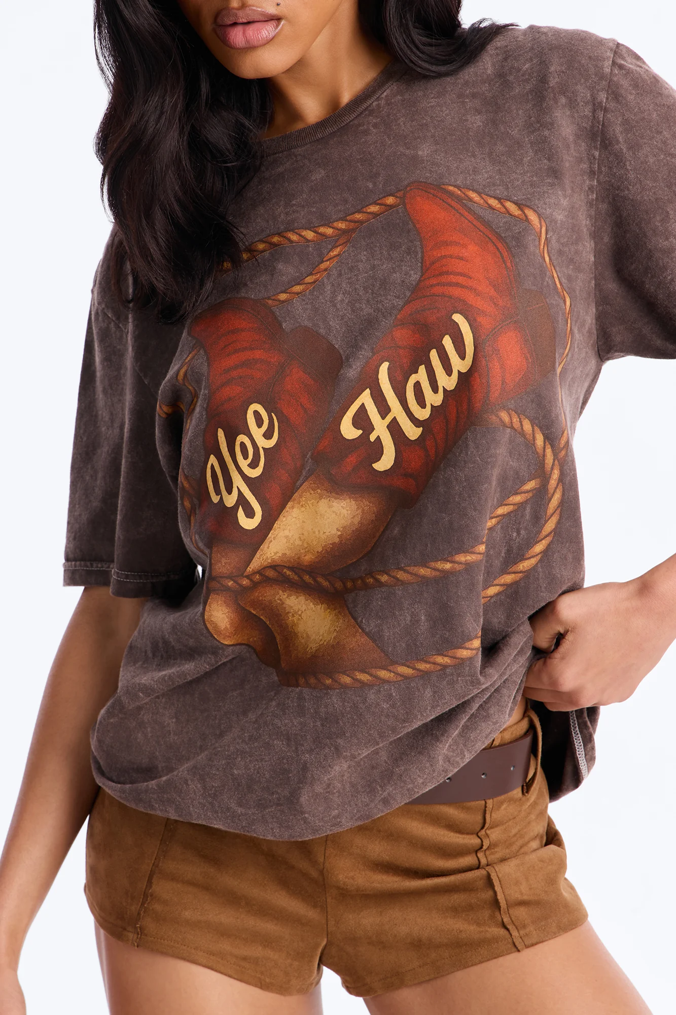 Yee Haw Washed Tee - Dark Brown - Image 3