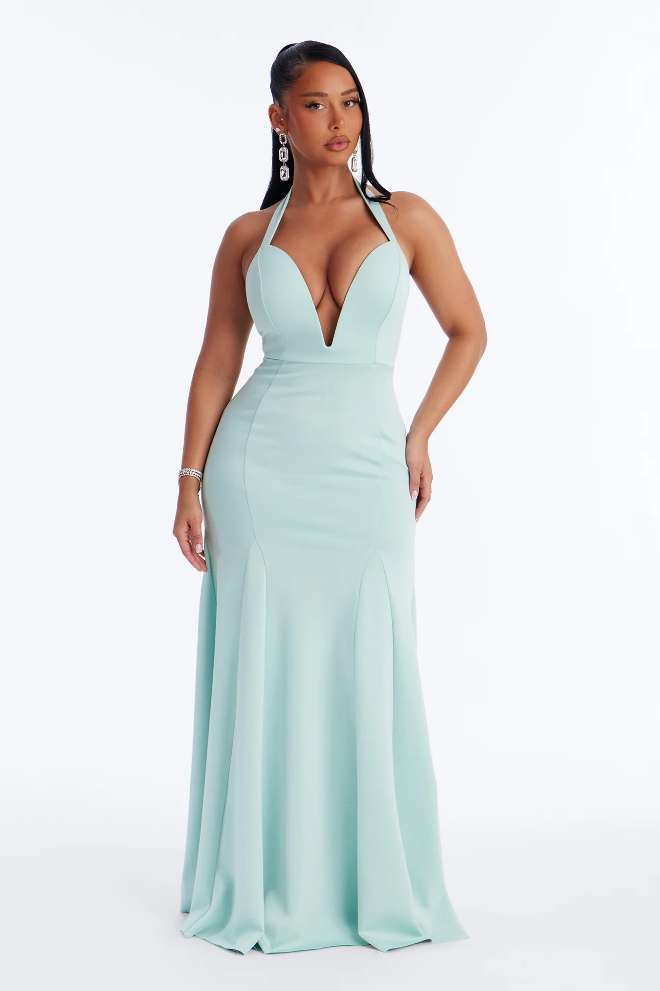 Yelena Halter Crepe Gown - Mint
