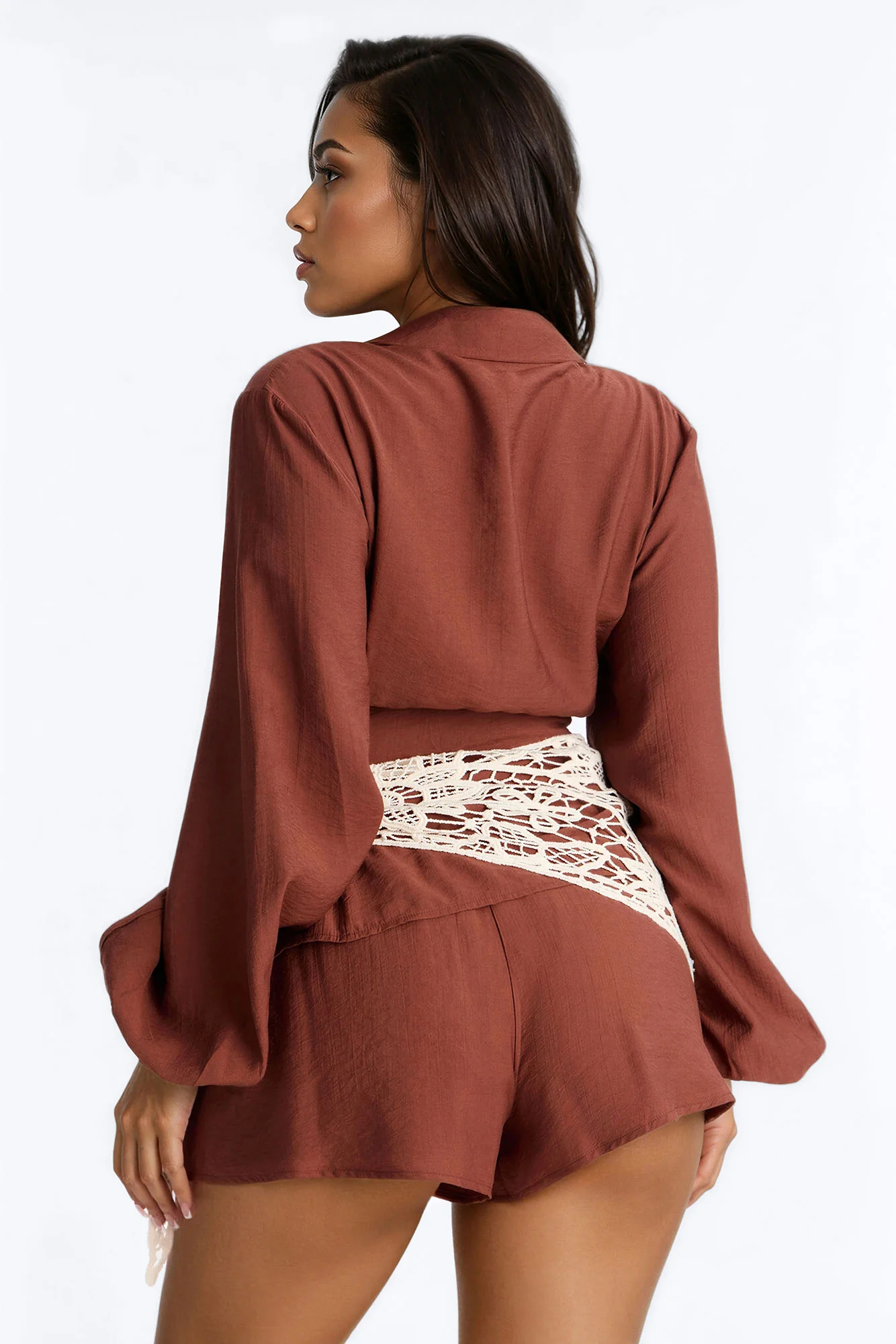 Yolanda 3 Piece Crochet Wrap Short Set - Brown - Image 4