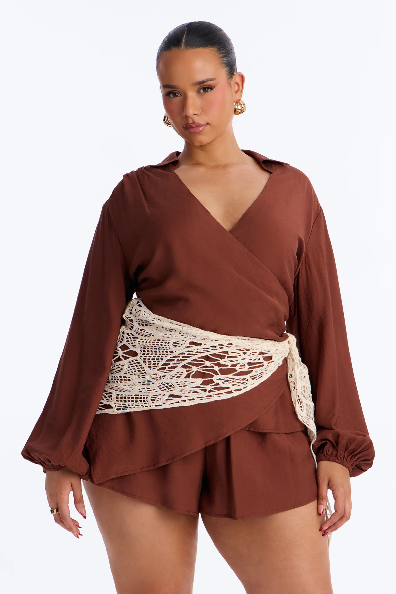 Yolanda 3 Piece Crochet Wrap Short Set - Brown - Image 5