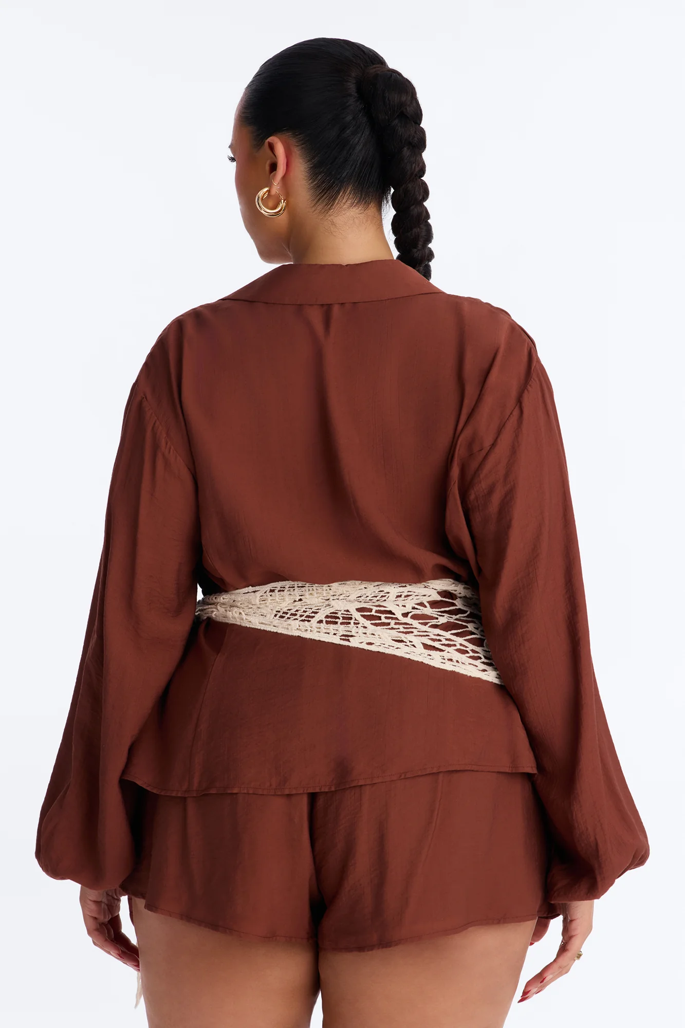 Yolanda 3 Piece Crochet Wrap Short Set - Brown - Image 8