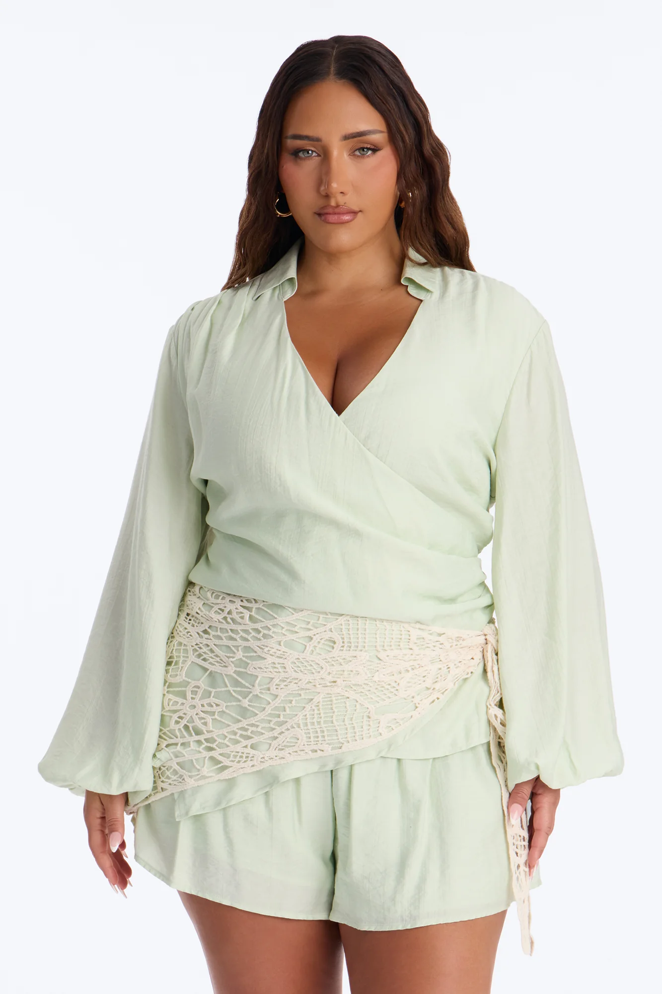 Yolanda 3 Piece Crochet Wrap Short Set - Sage - Image 6