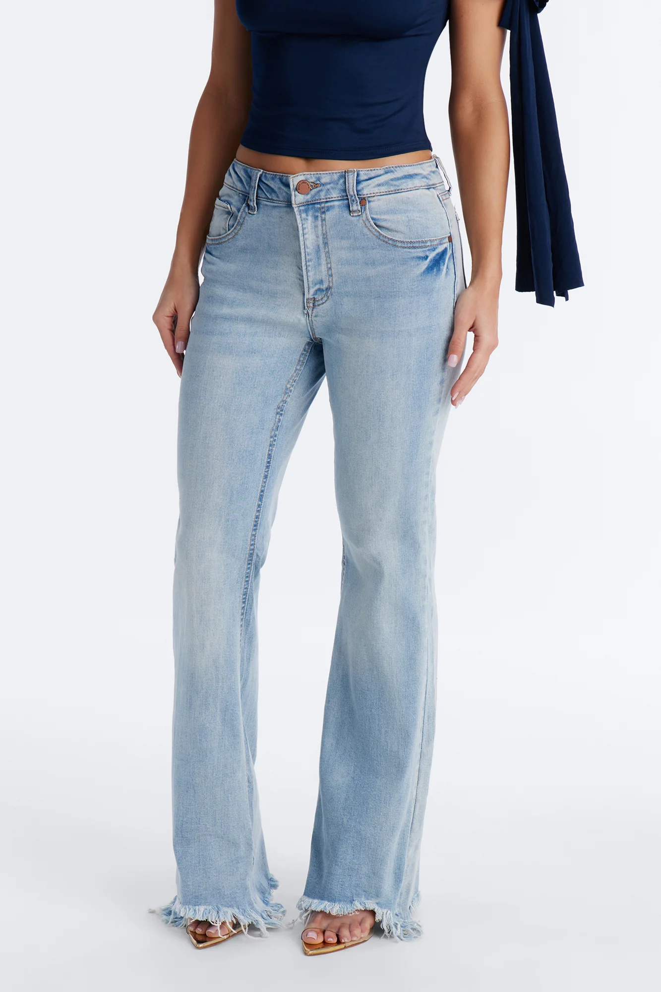 Young And Free Raw Hem Flare Jeans - Light Wash