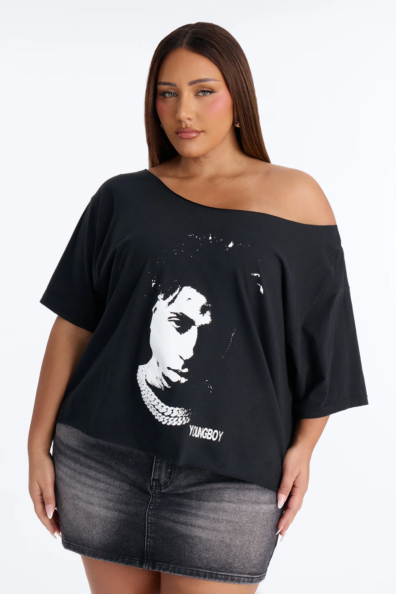 Youngboy Off Shoulder Chain Tee - Black - Image 5