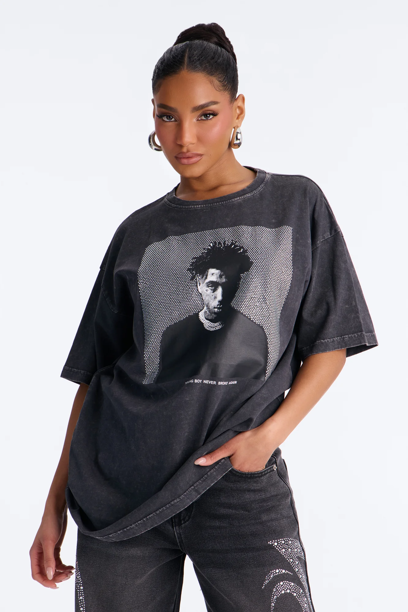 Youngboy Rhinestone Washed Tee - Black Wash