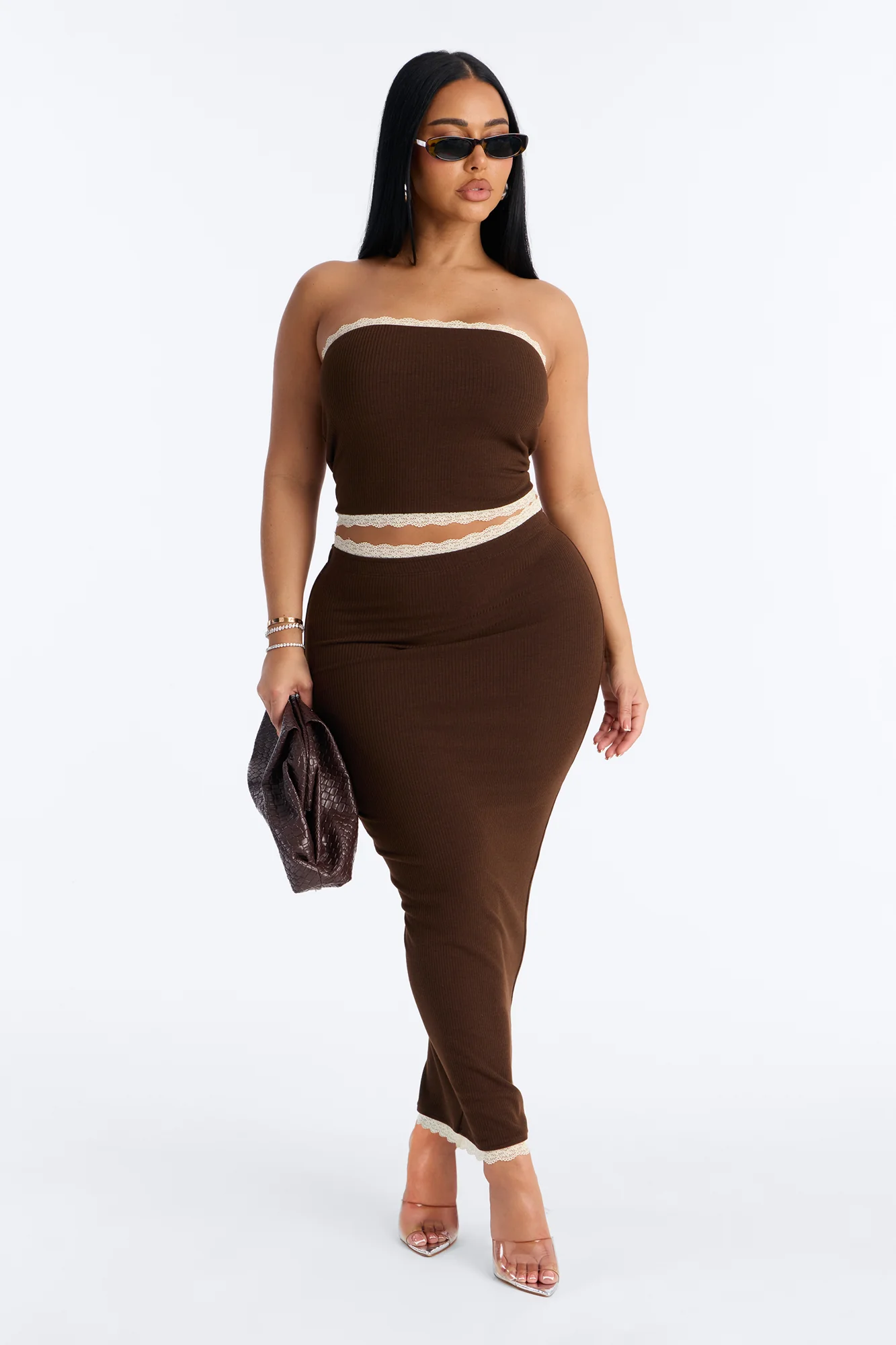 Your Darling Double Lined Ribbed Skirt Set - Chocolate