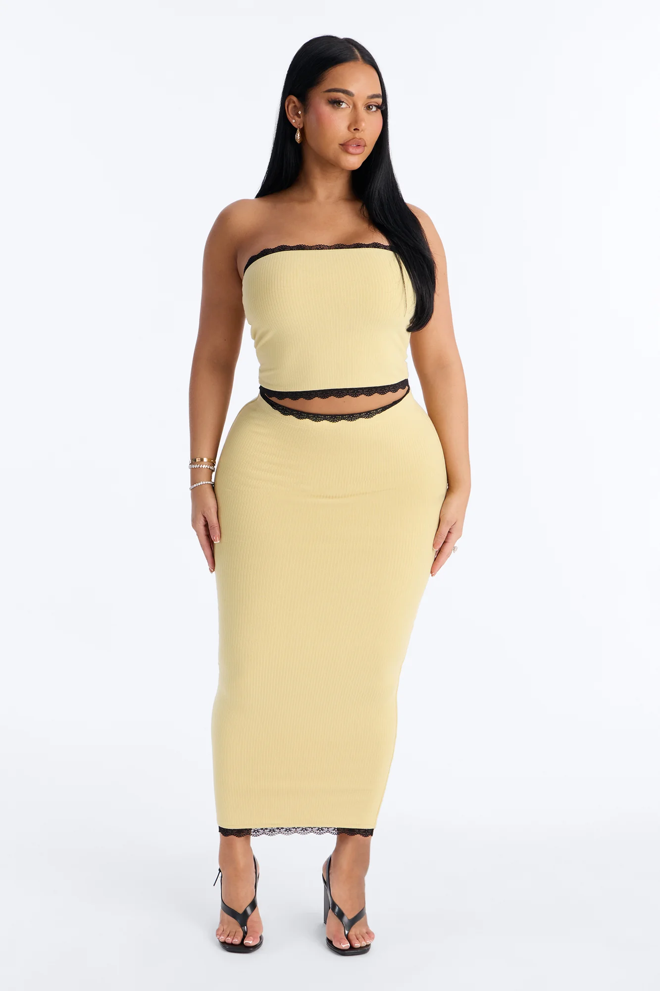 Your Darling Double Lined Ribbed Skirt Set - Yellow/combo
