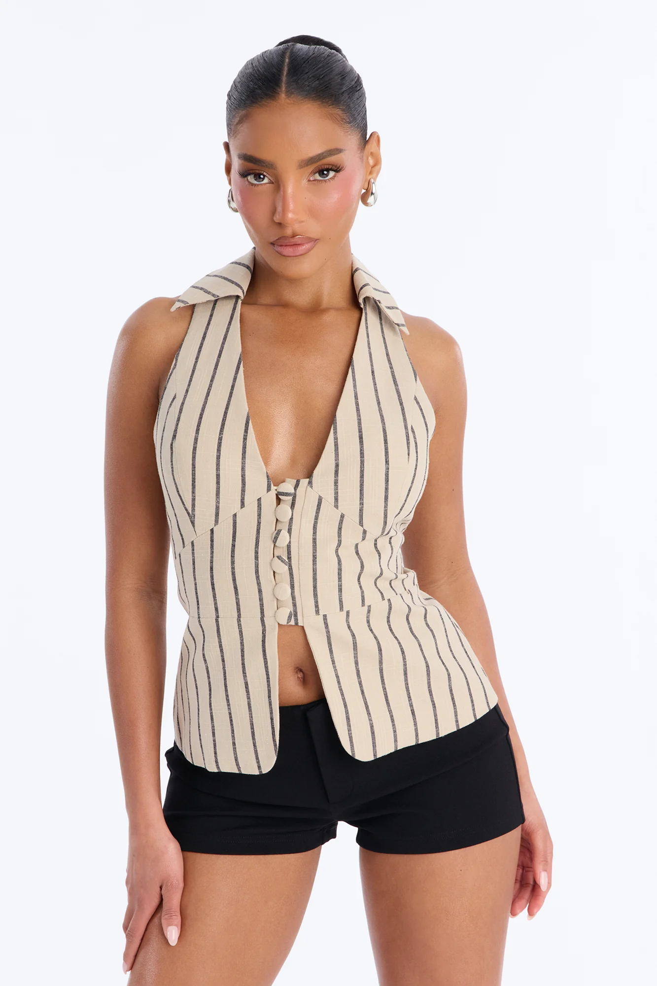 Your Favorite Work Muse Striped Linen Halter Top - Taupe/combo