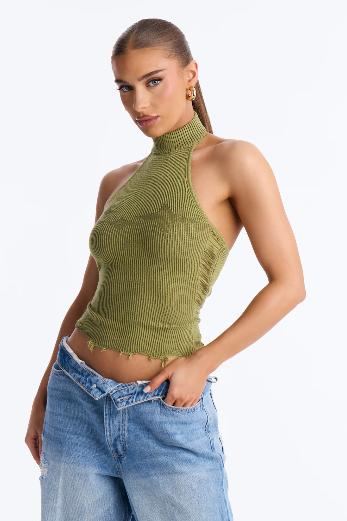You're A Star Marled Sweater Halter Top - Sage/combo