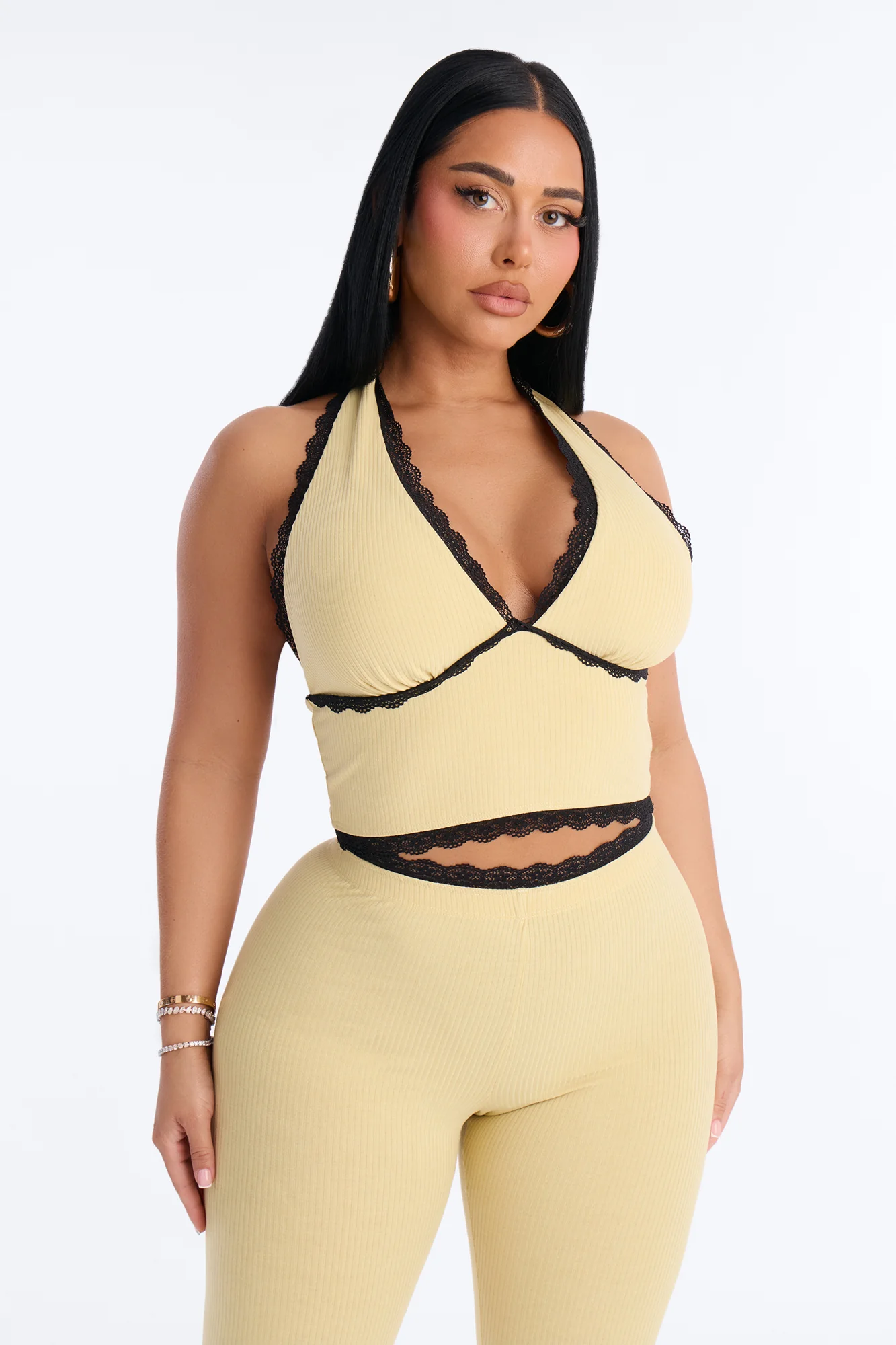 Your's Truly Halter Laced Ribbed Capri Set - Yellow/combo - Image 2