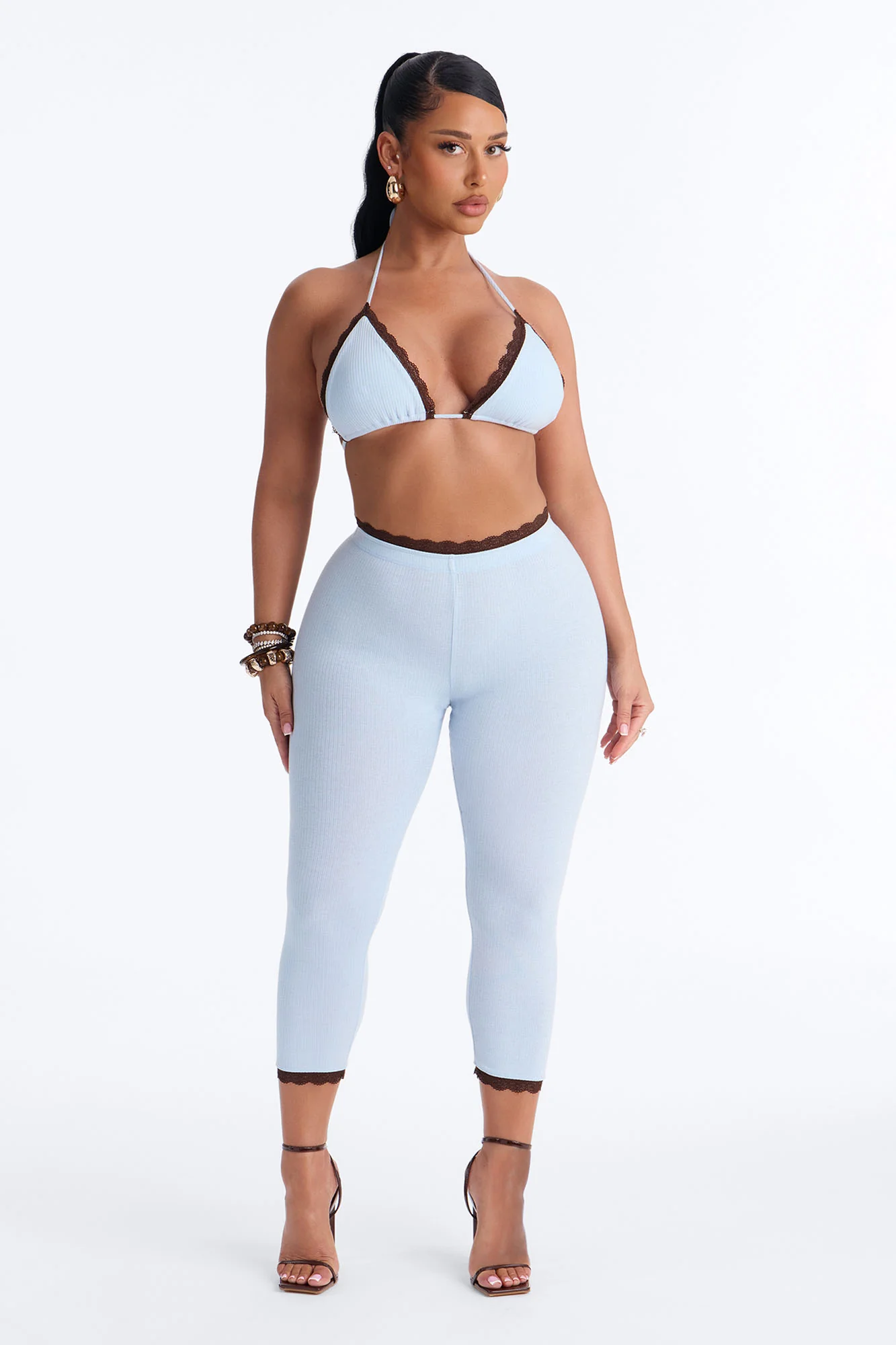 Your's Truly Laced Ribbed Capri Set - Light Blue