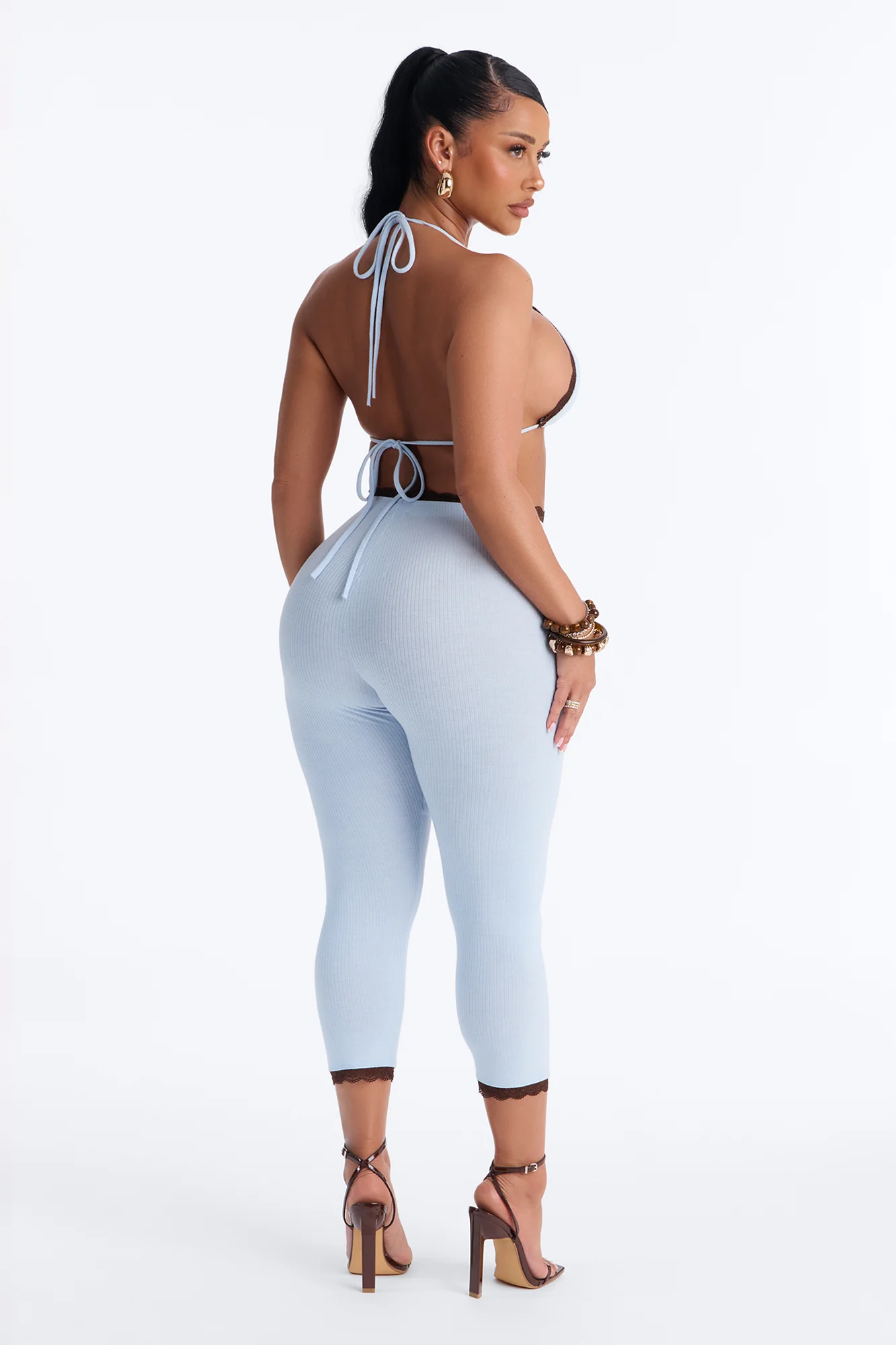 Your's Truly Laced Ribbed Capri Set - Light Blue - Image 4