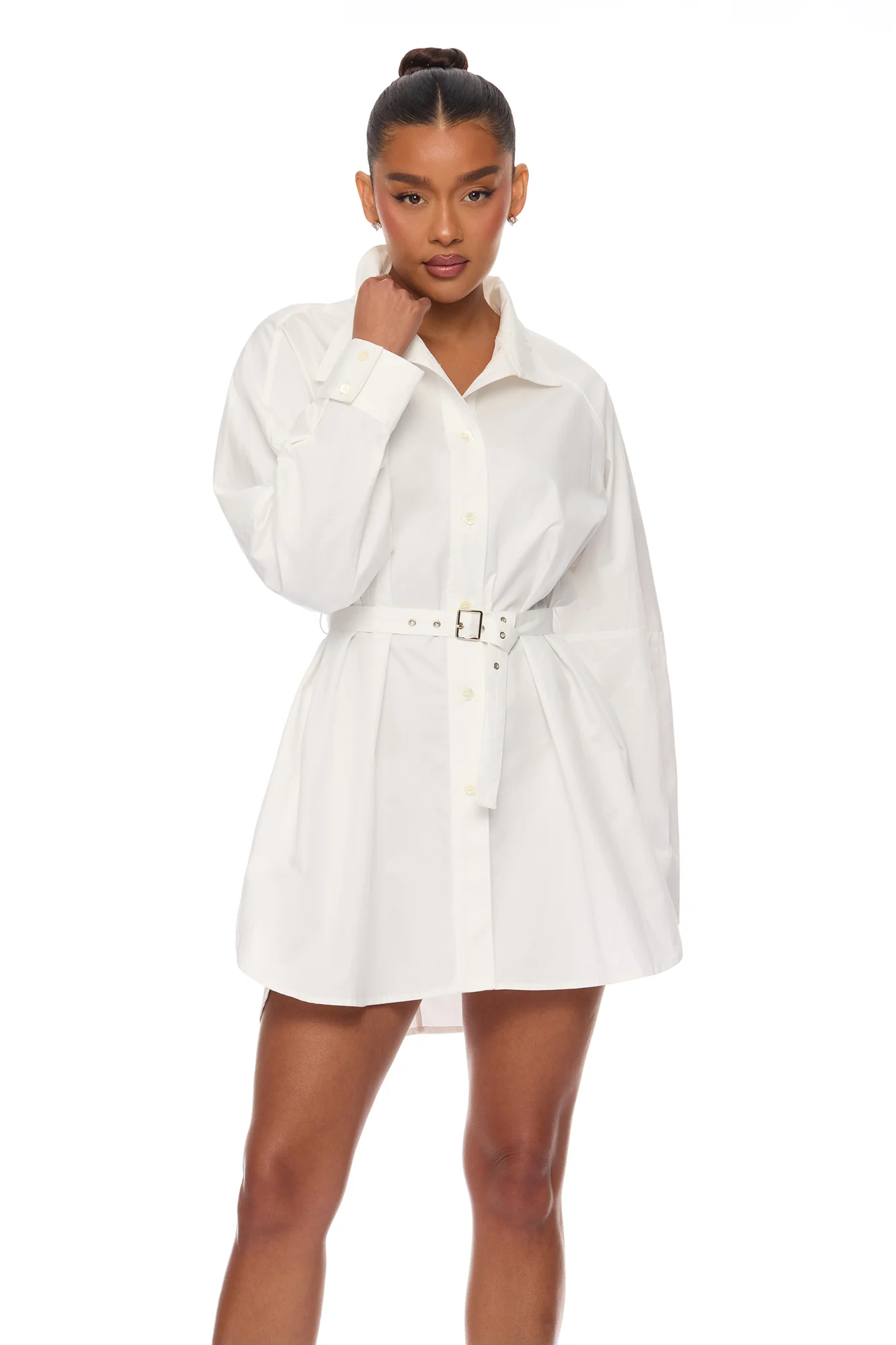 Ysabelle Belted Mini Shirt Dress - White