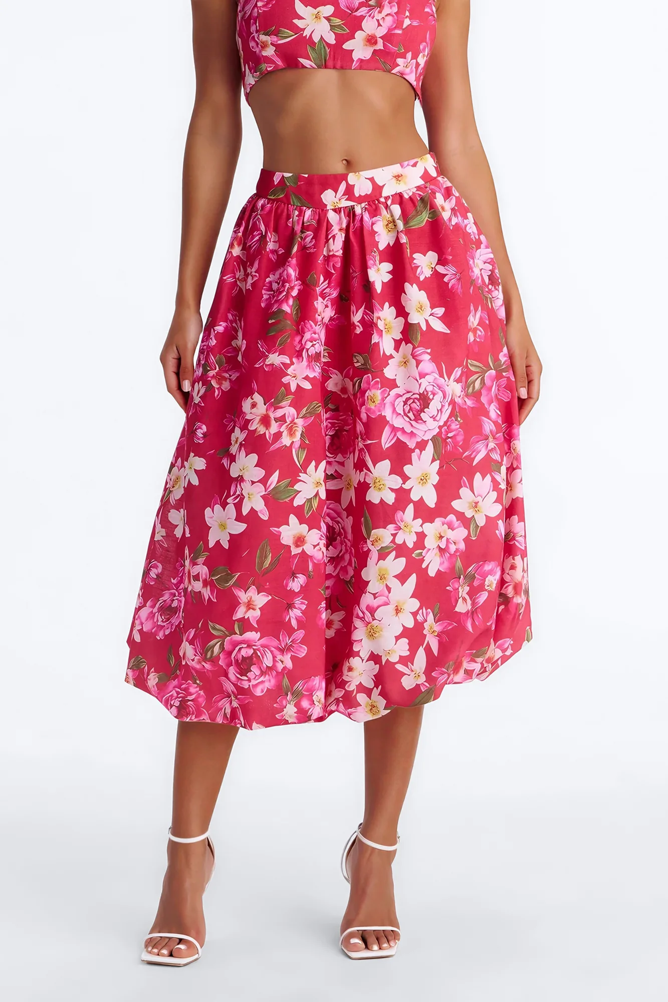 Yvete Floral Linen Bubble Hem Midi Skirt - Pink/combo - Image 2