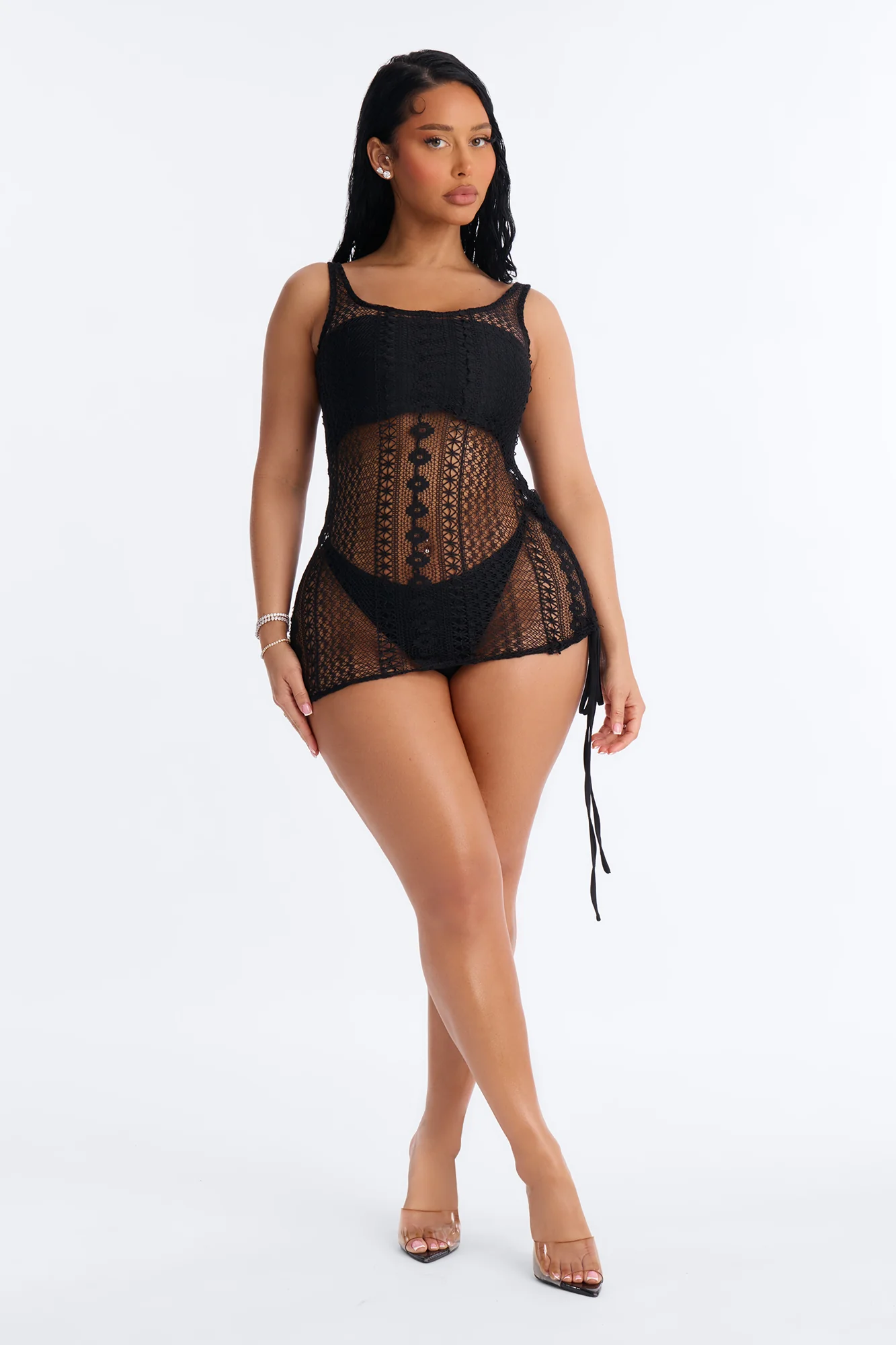 Yvette Lace Mini Swim Cover Up Dress - Black