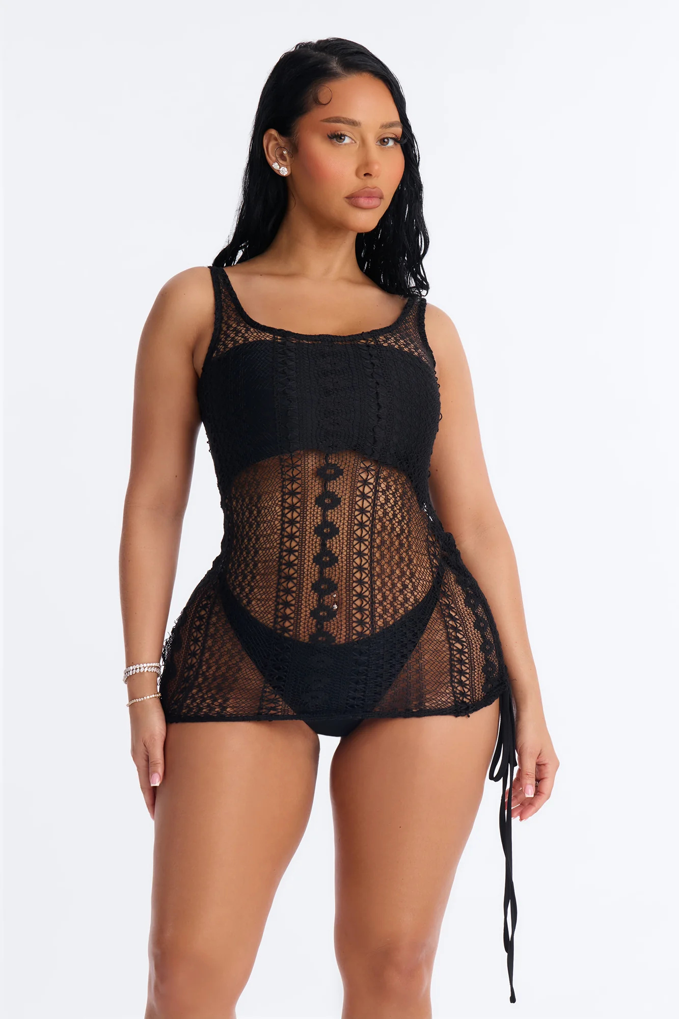 Yvette Lace Mini Swim Cover Up Dress - Black - Image 2