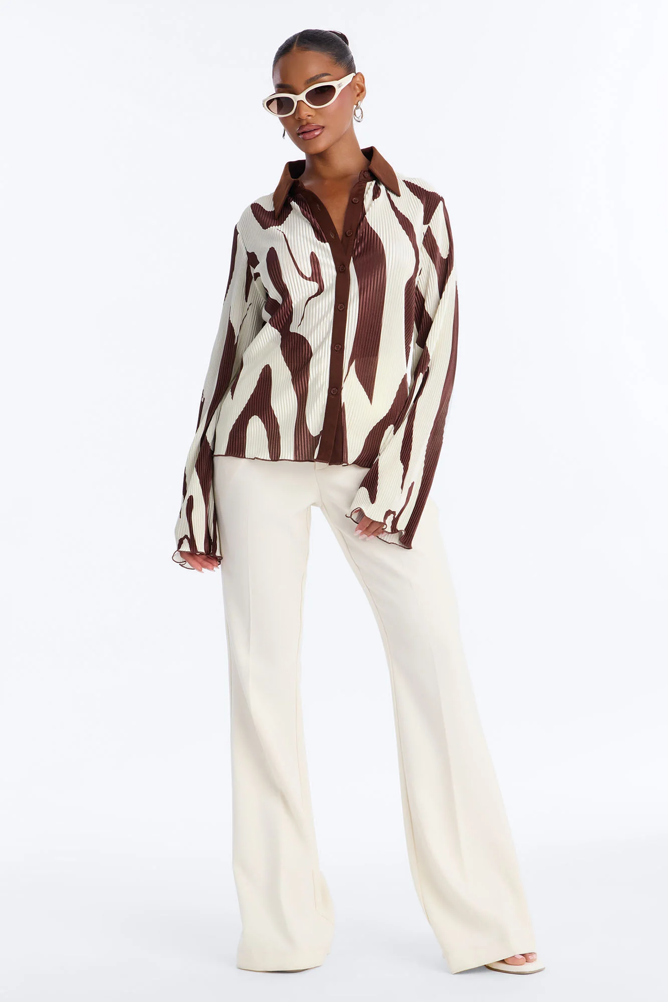 Zahara Button Up Top - Brown/combo