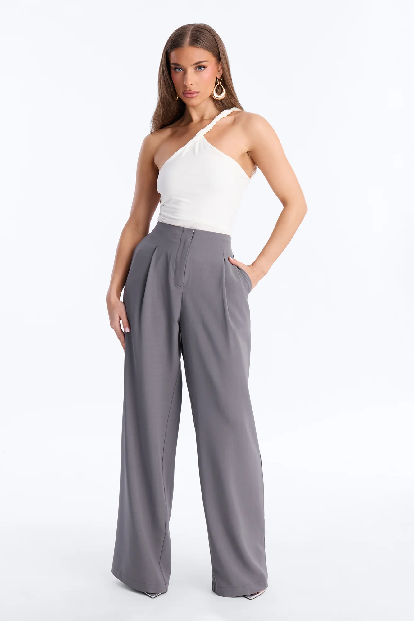 Zamara High Rise Clean Waistband Trouser Pant 33″ - Charcoal
