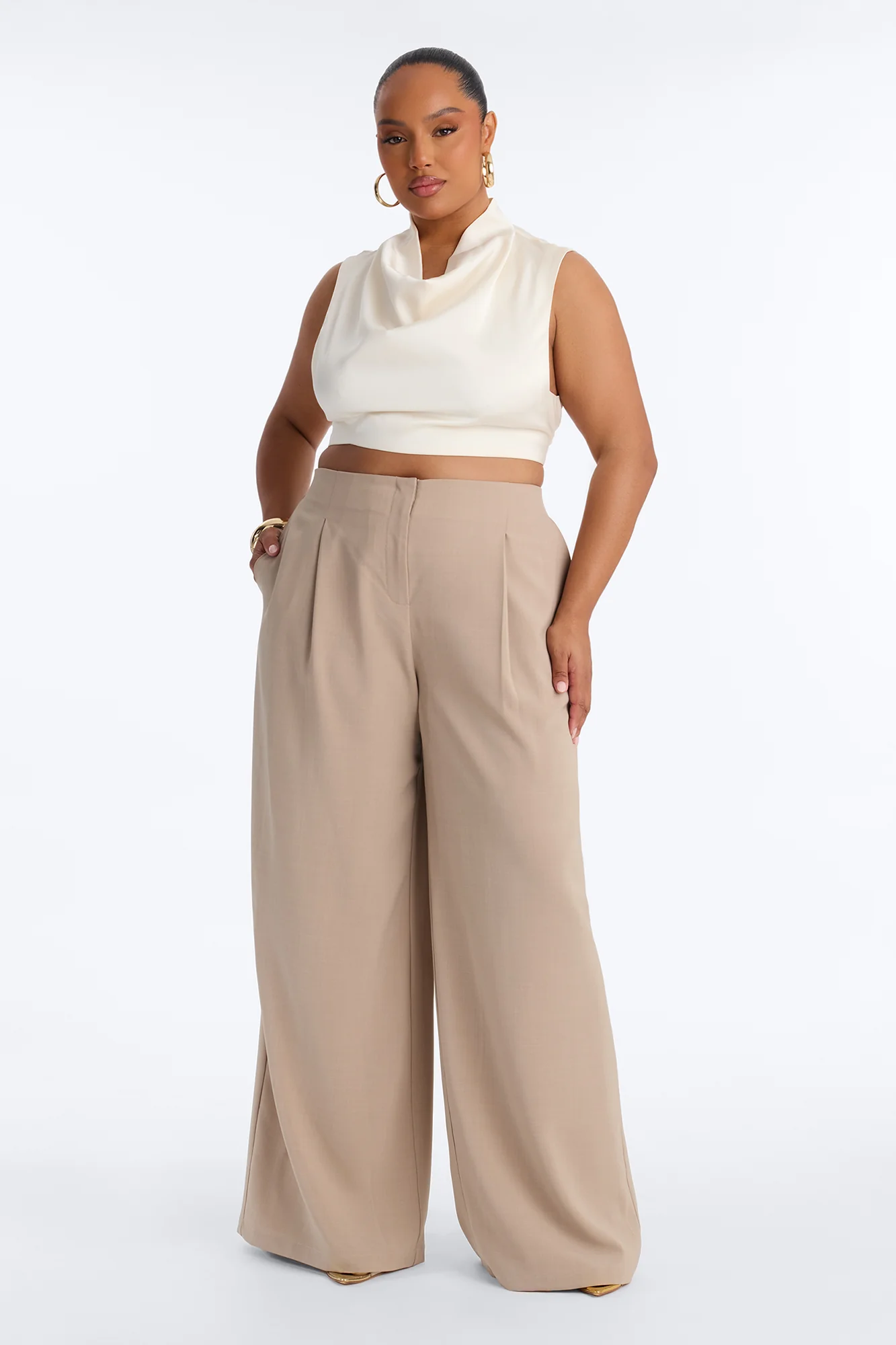 Zamara High Rise Clean Waistband Trouser Pant 33″ - Taupe - Image 5