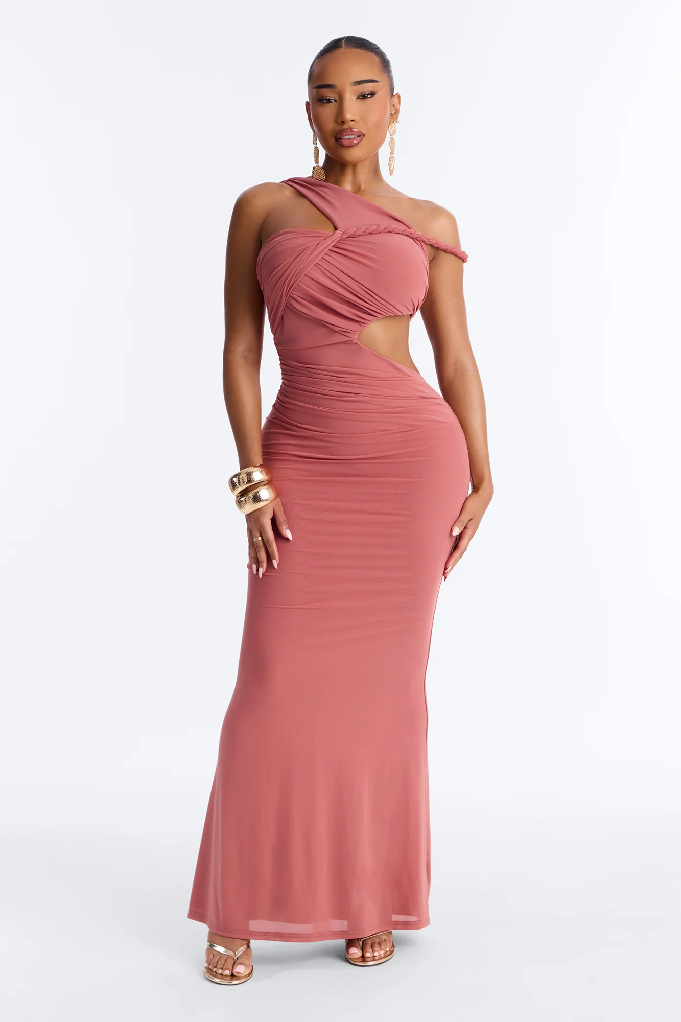 Zanna Ruched Mesh Maxi Dress - Marsala