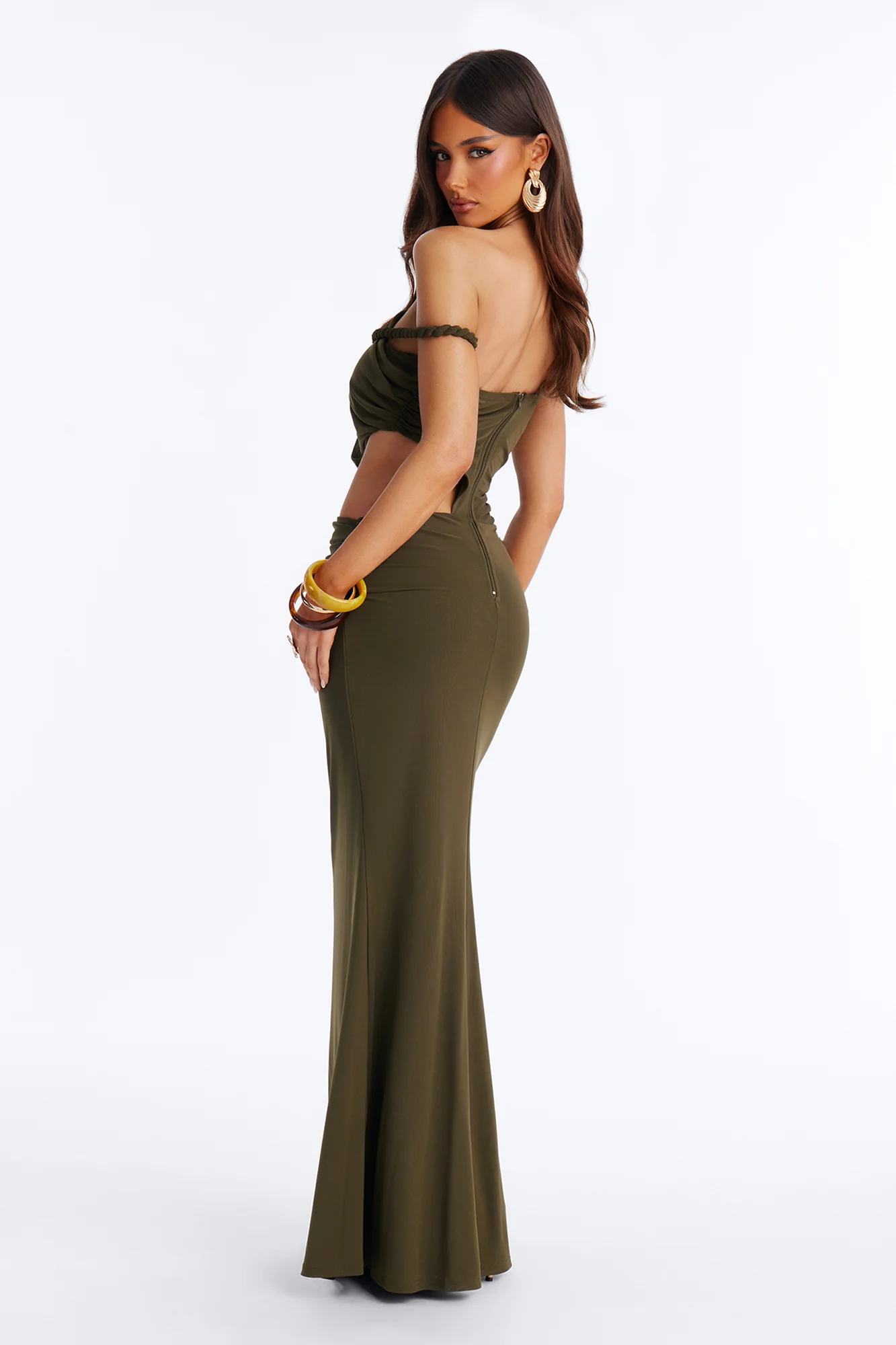 Zanna Ruched Mesh Maxi Dress - Olive - Image 4