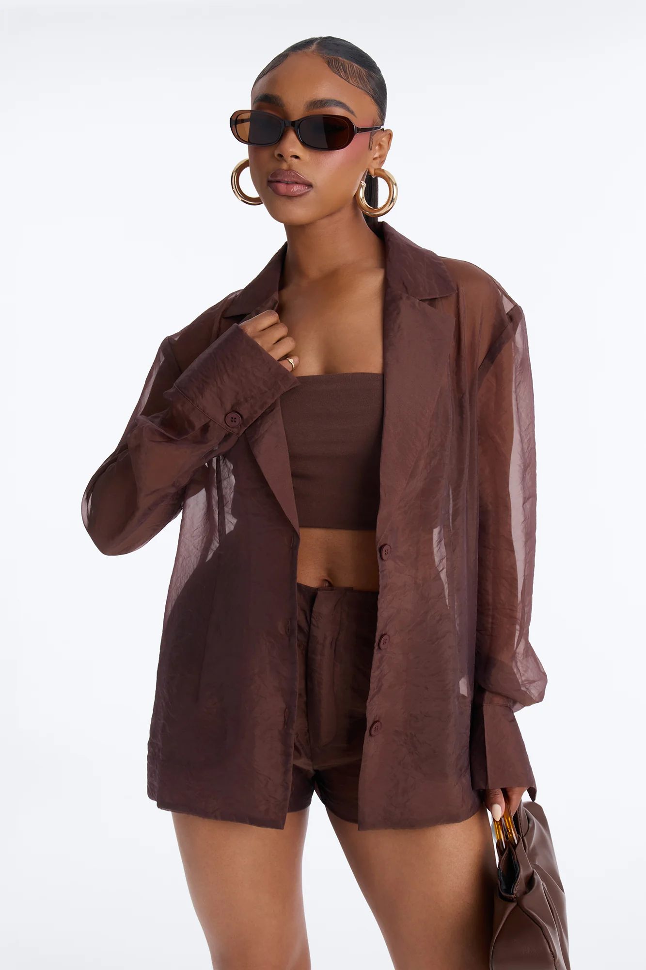 Zaran Sheer Blazer Short Set - Chocolate