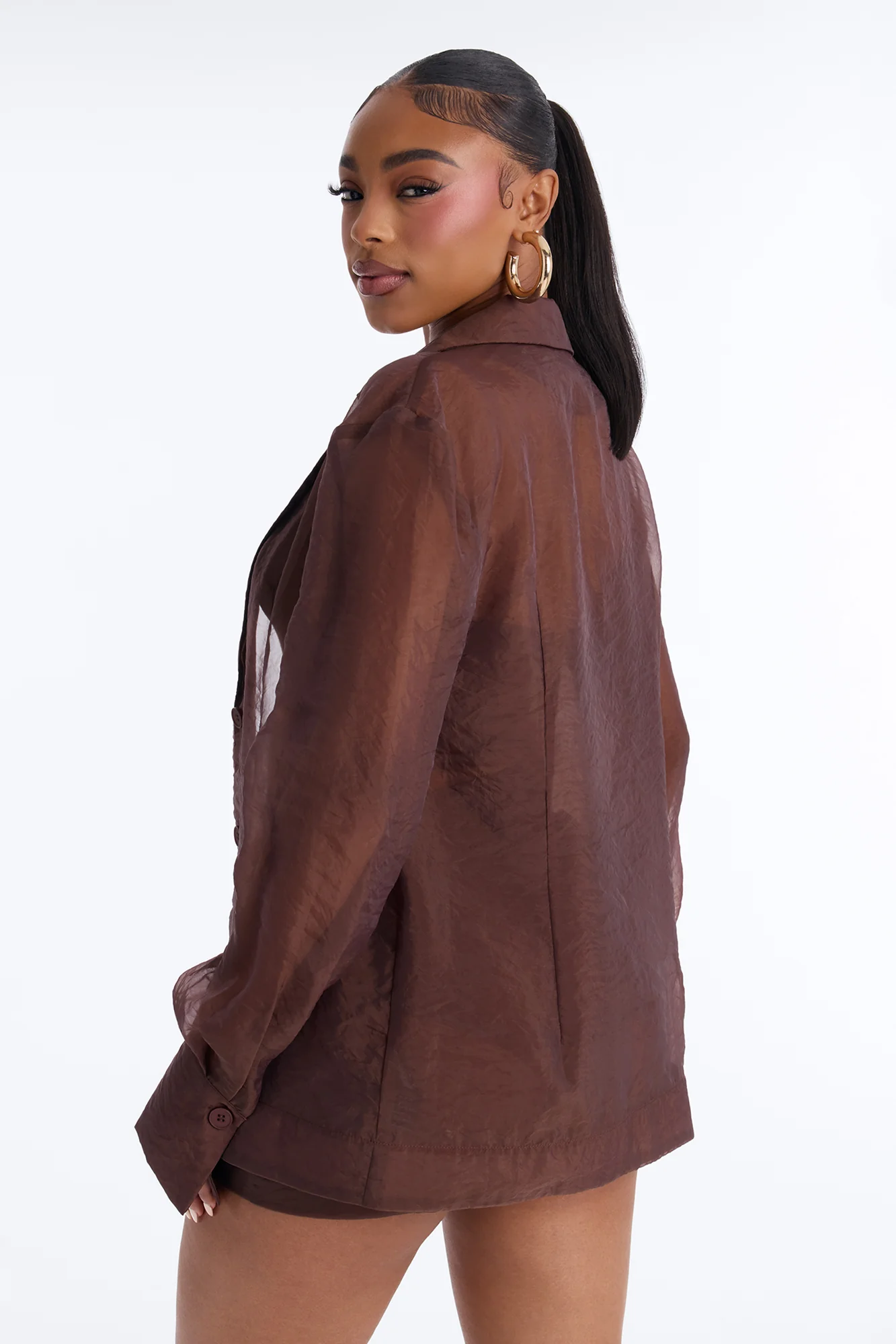 Zaran Sheer Blazer Short Set - Chocolate - Image 4