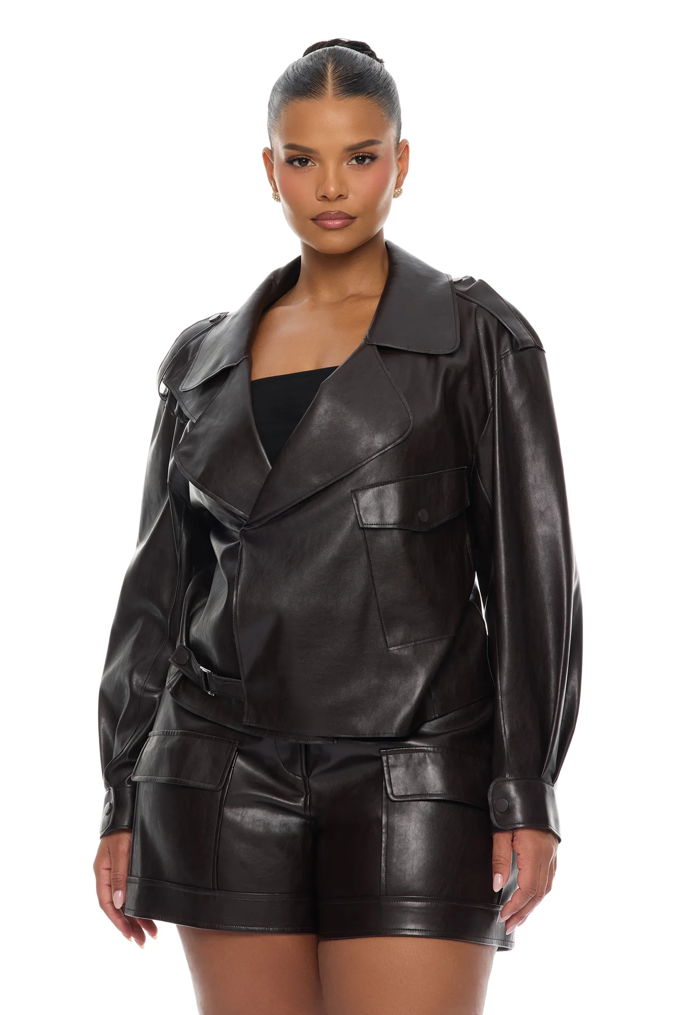 Zaya Faux Leather Cargo Jacket - Chocolate - Image 6