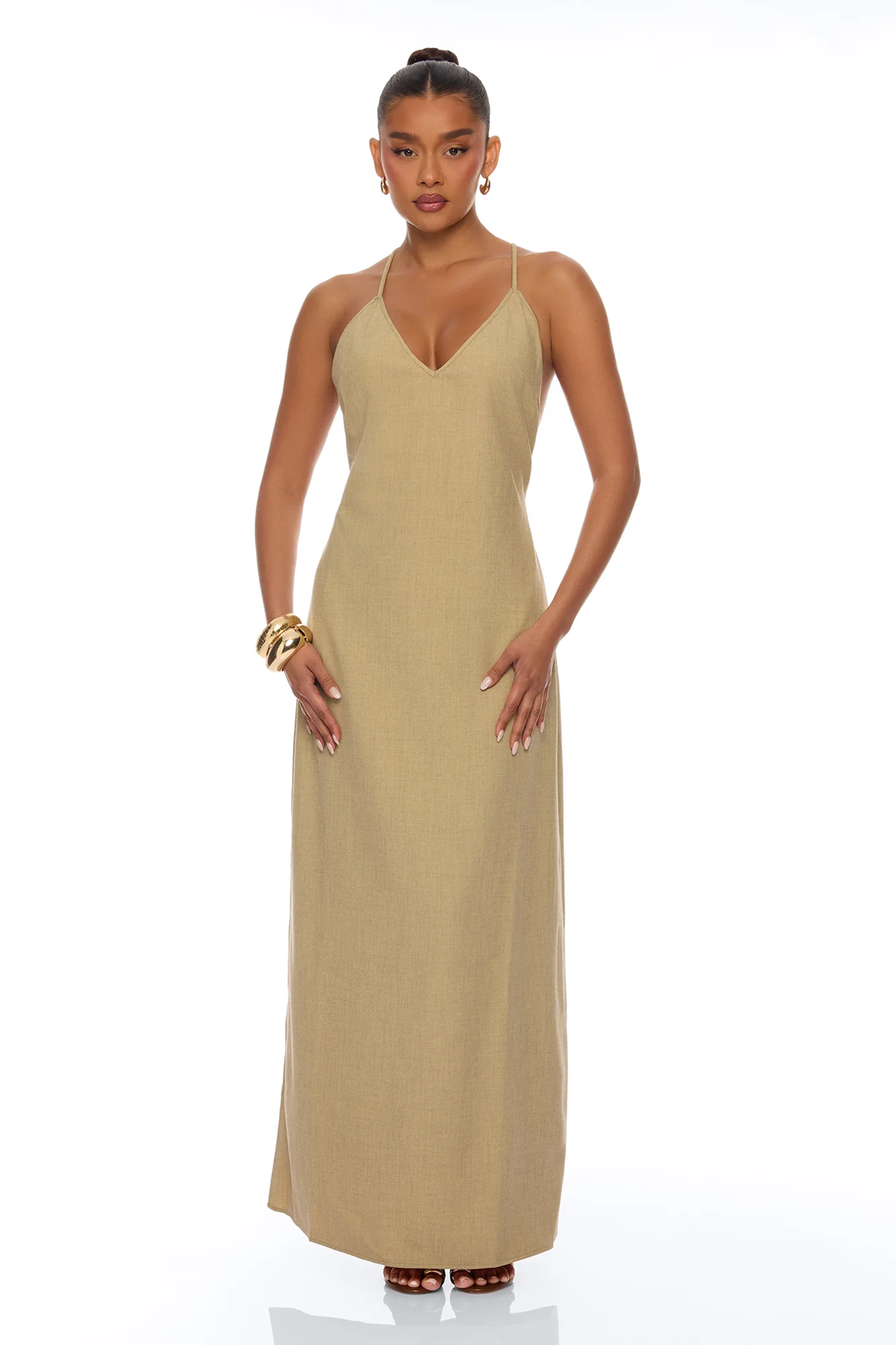 Zelara Beaded Backless Maxi Dress - Khaki