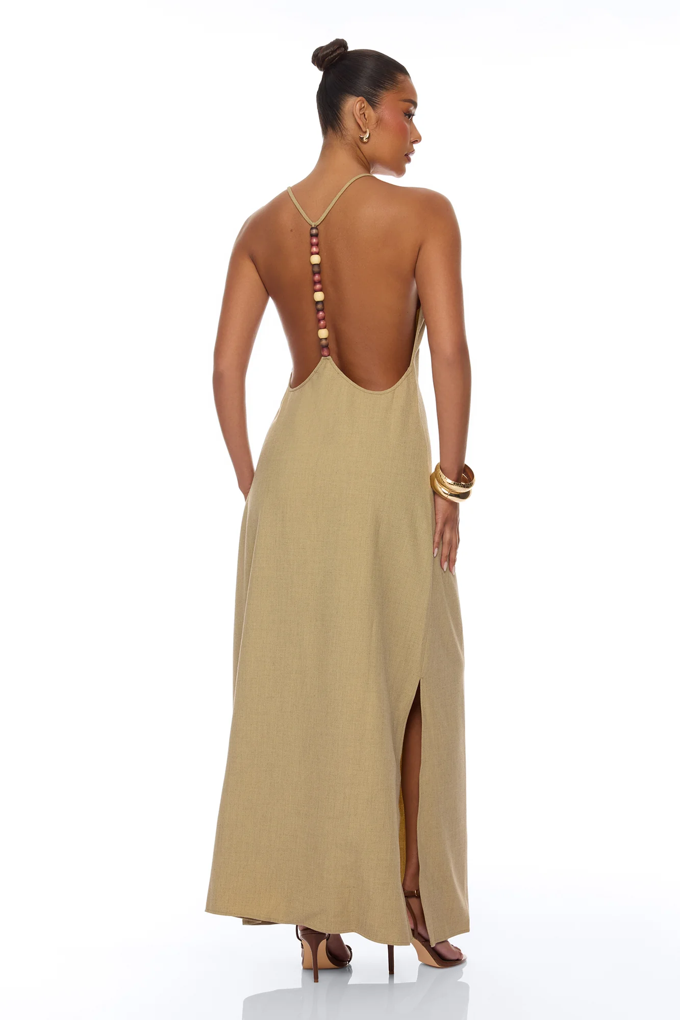 Zelara Beaded Backless Maxi Dress - Khaki - Image 3
