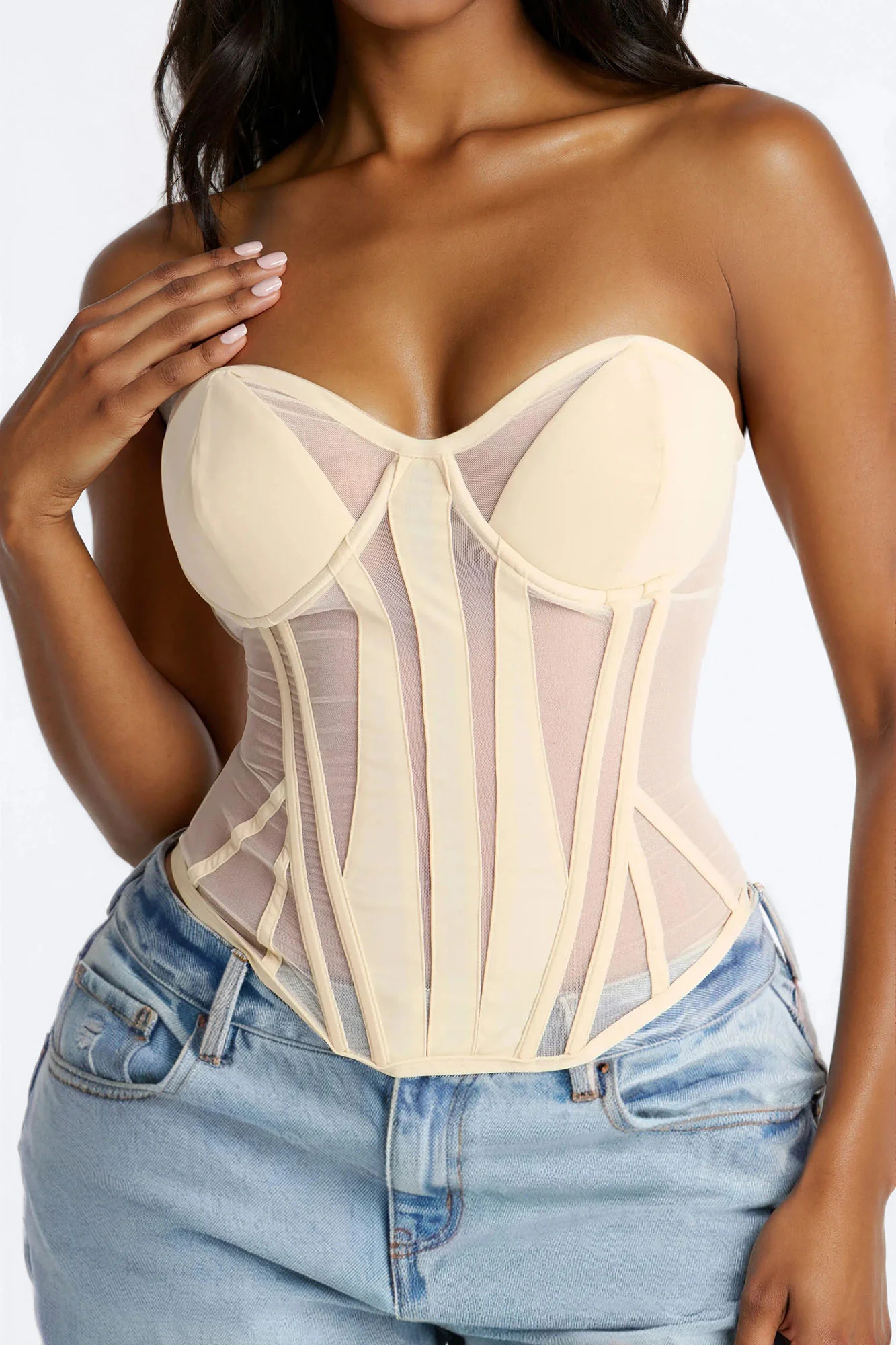 Zelia Mesh Corset Top - Cream - Image 2