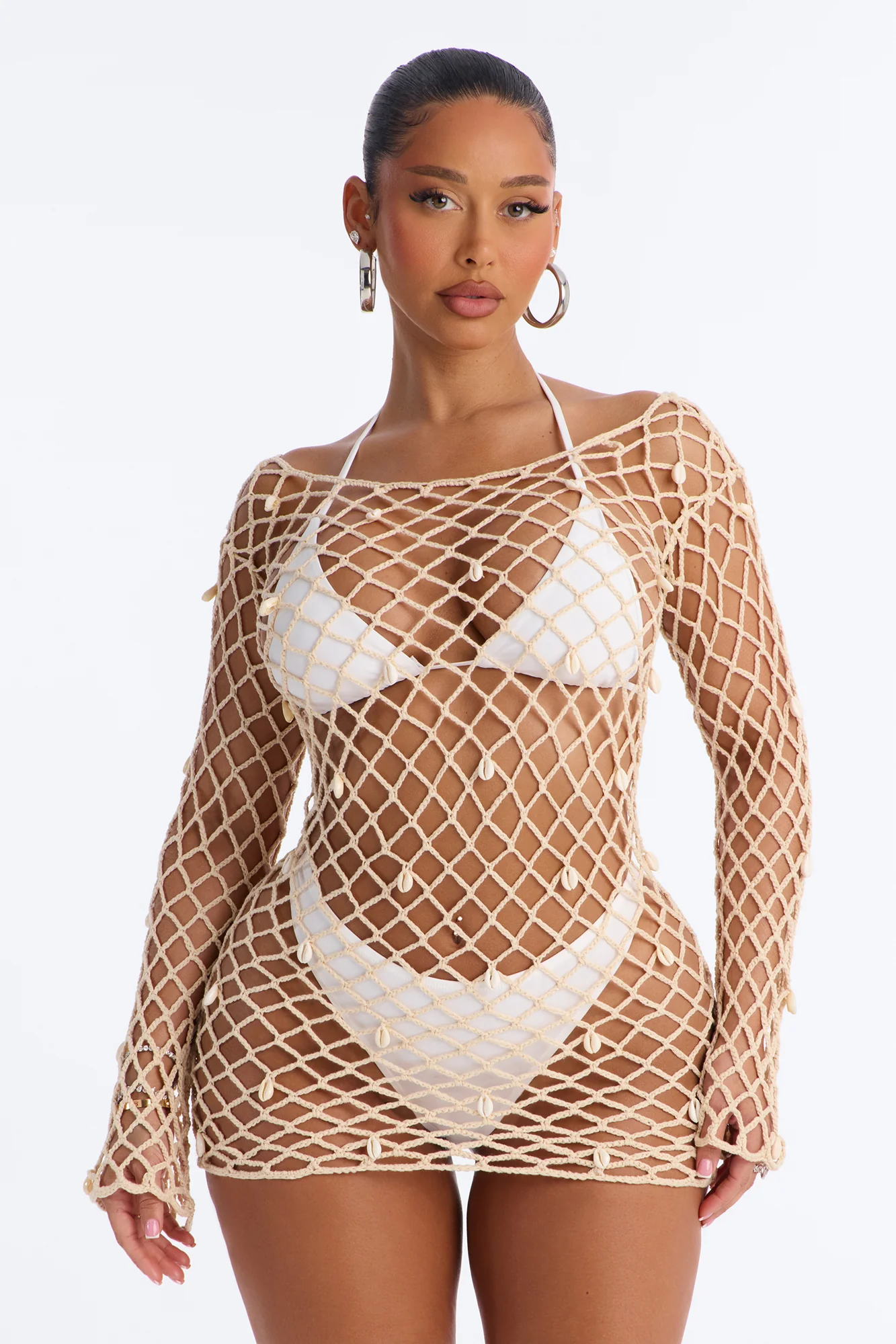 Zia Fishnet Cover Up Off Shoulder Mini Dress - Cream