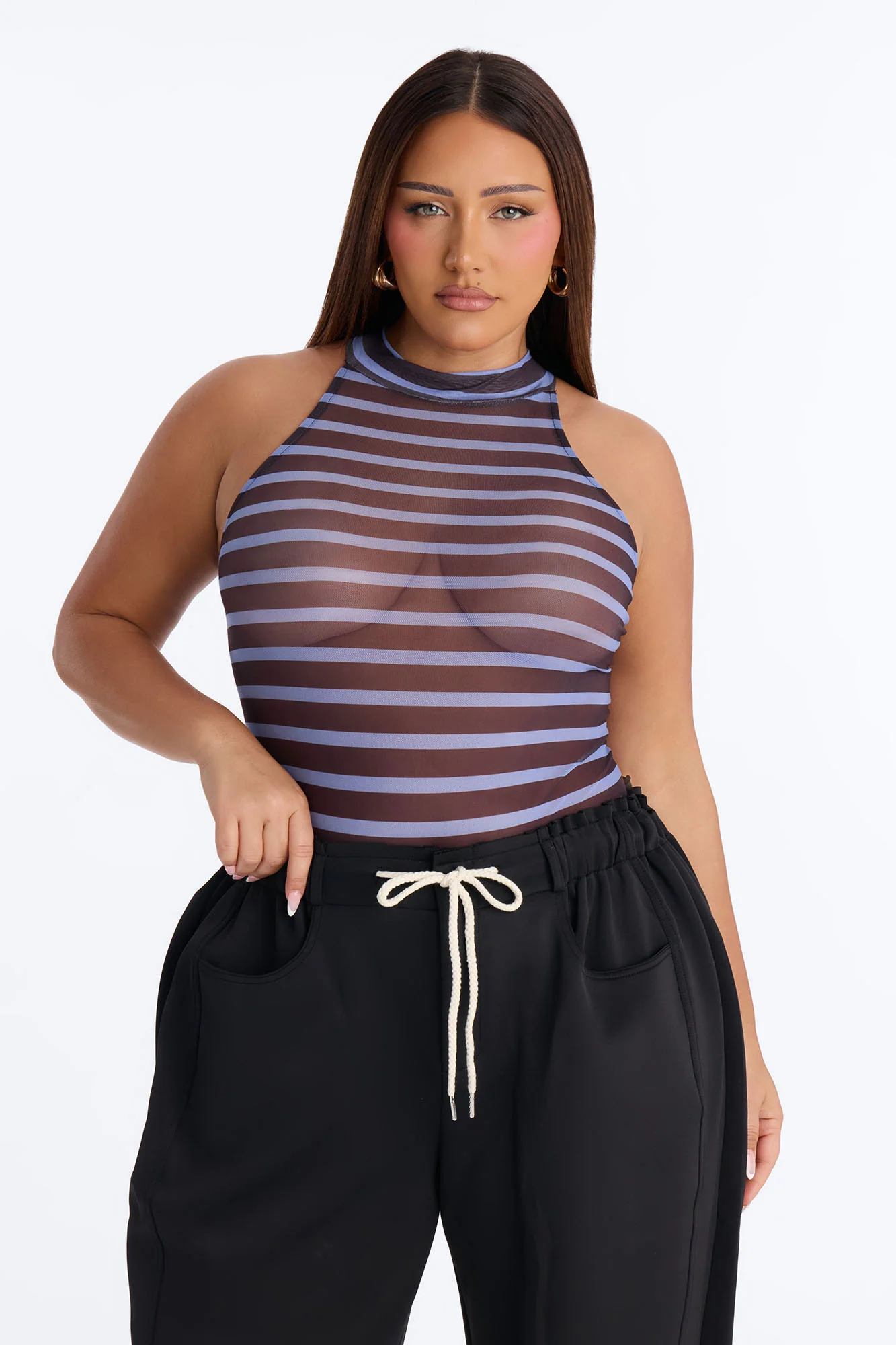 Zoe Striped Mock Neck Sleeveless Bodysuit - Blue/combo - Image 7