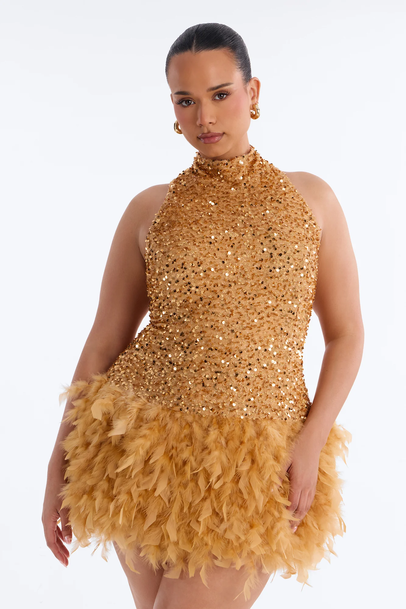 Zoey Feathered Sequin High Neck Mini Dress - Gold - Image 5