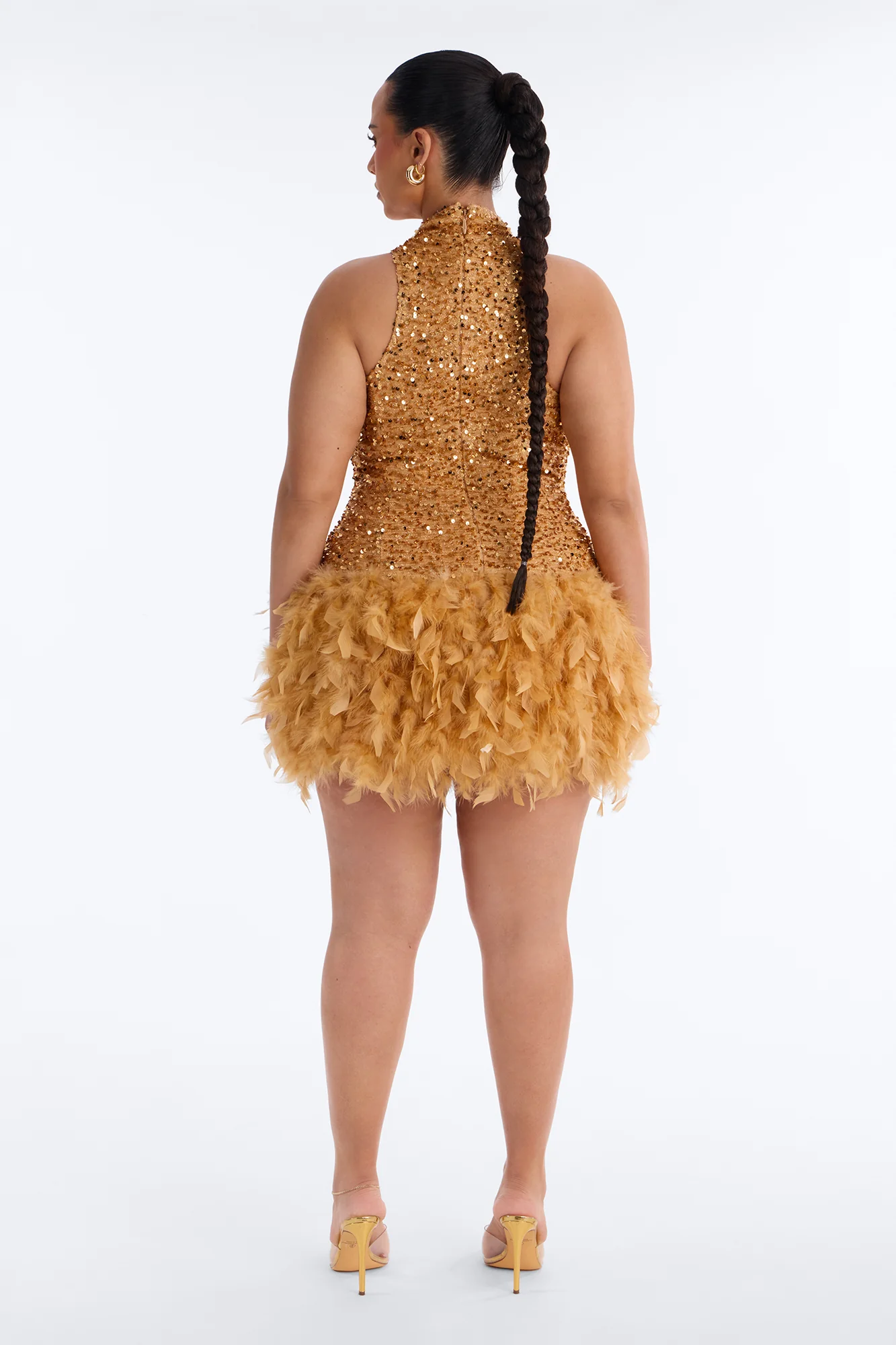 Zoey Feathered Sequin High Neck Mini Dress - Gold - Image 7