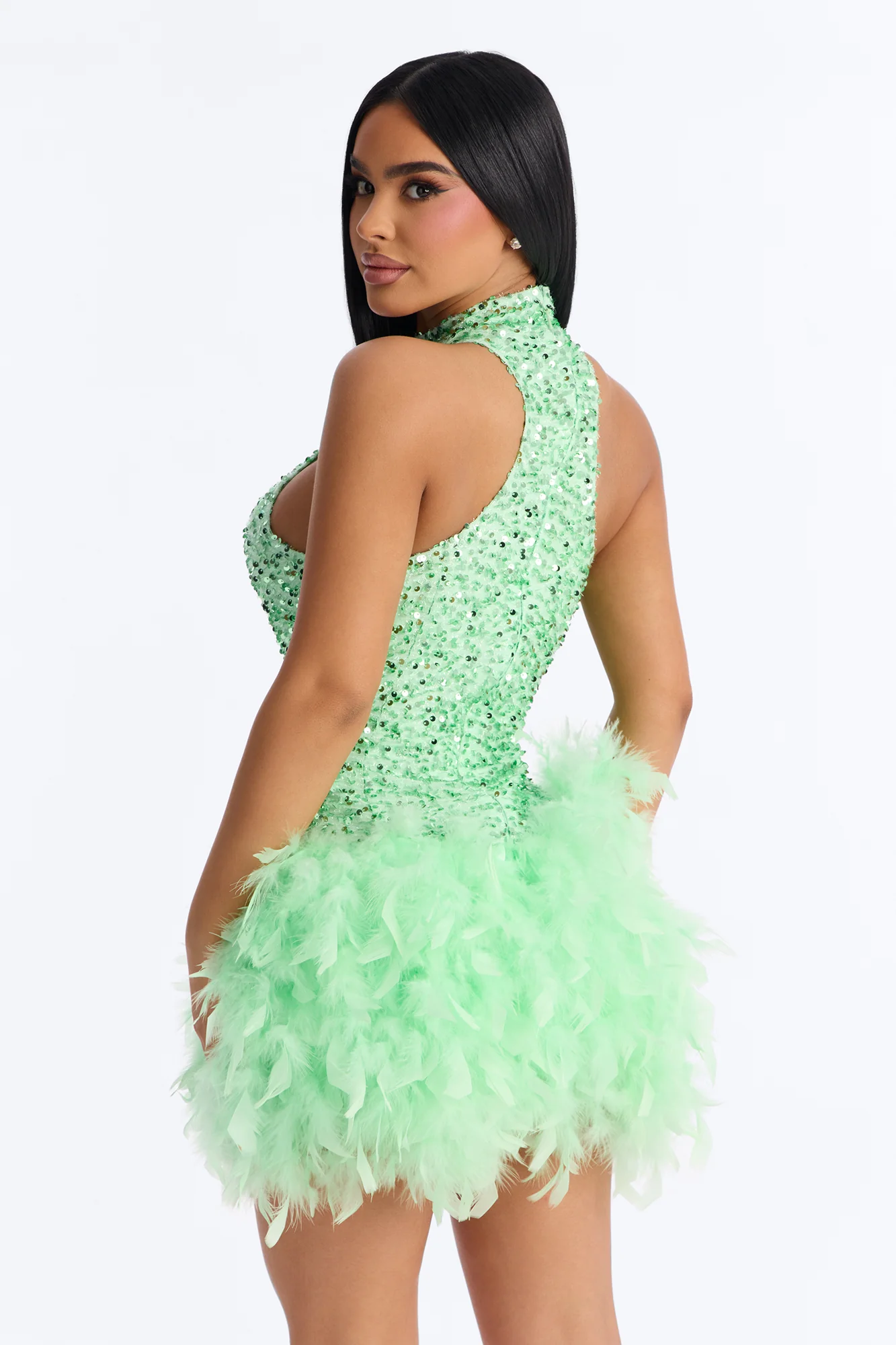 Zoey Feathered Sequin High Neck Mini Dress - Mint - Image 4