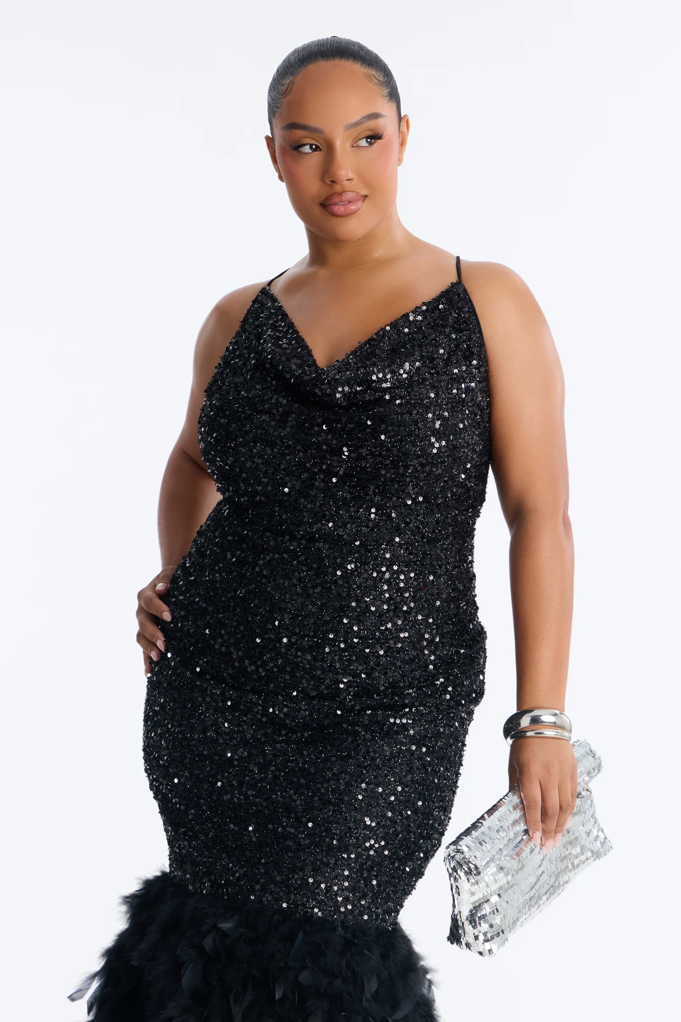 Zoey Feathered Sequin Midi Dress - Black - Image 5
