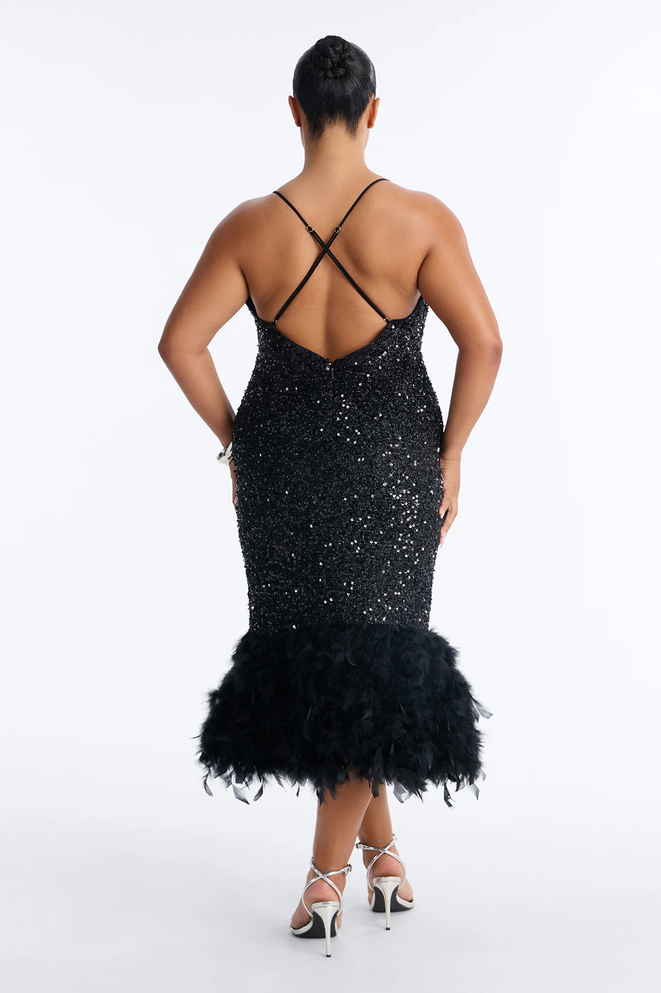 Zoey Feathered Sequin Midi Dress - Black - Image 7