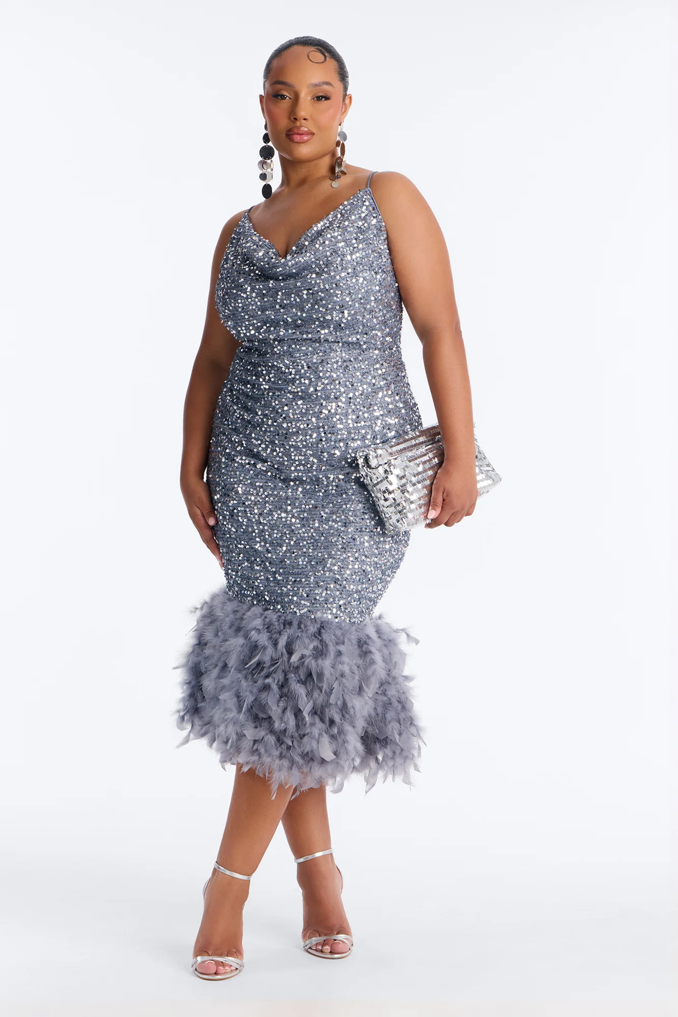 Zoey Feathered Sequin Midi Dress - Grey - Image 4