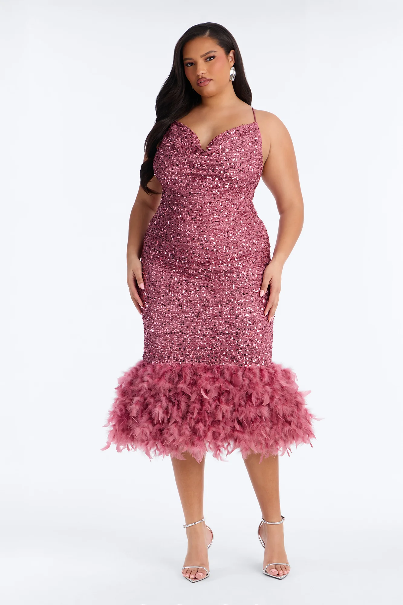 Zoey Feathered Sequin Midi Dress - Mauve - Image 5