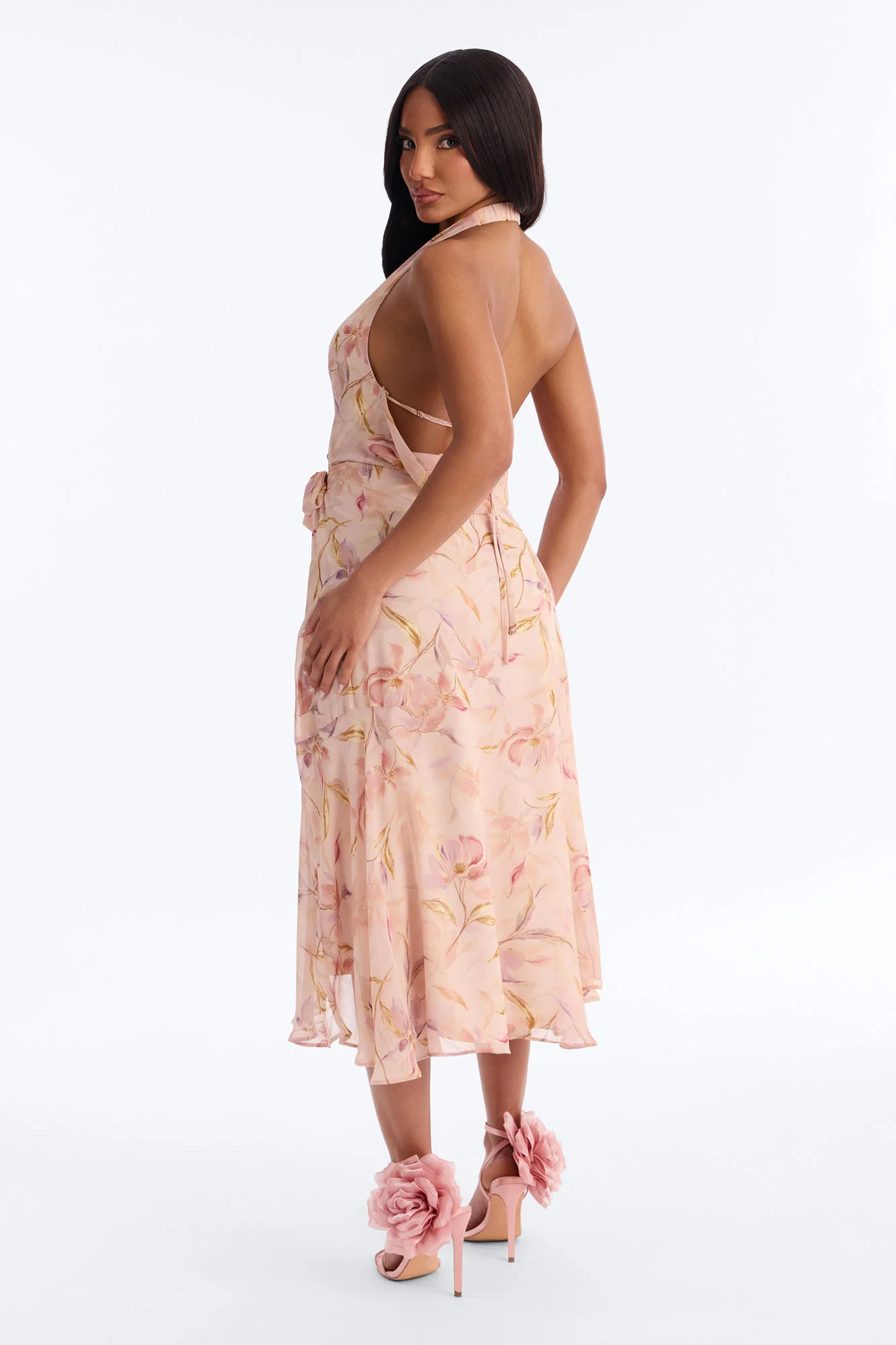Zoey Floral Chiffon Wrap Midi Dress - Blush - Image 4