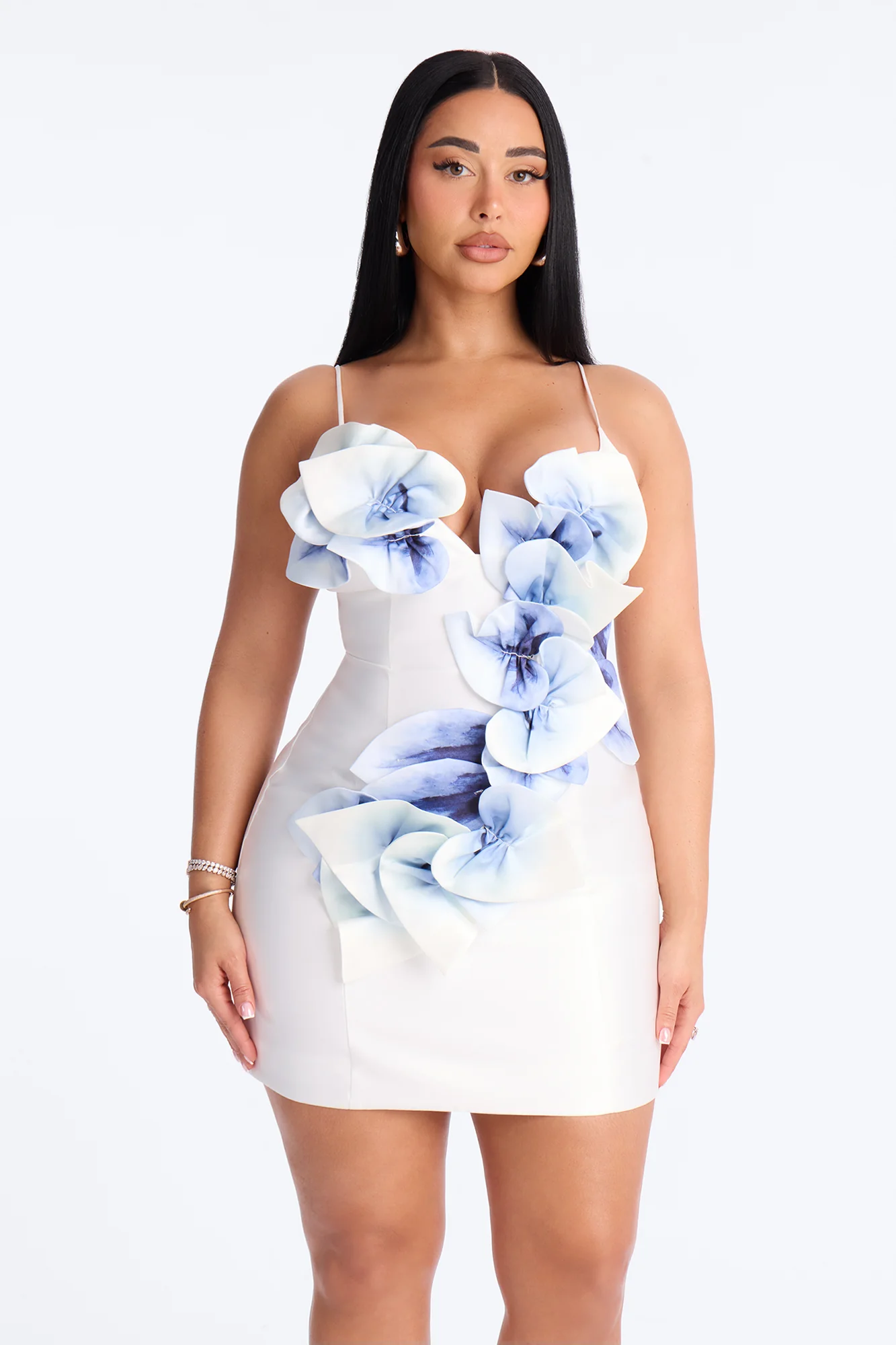 Zoey Floral Satin Mini Dress - White/Blue - Image 2