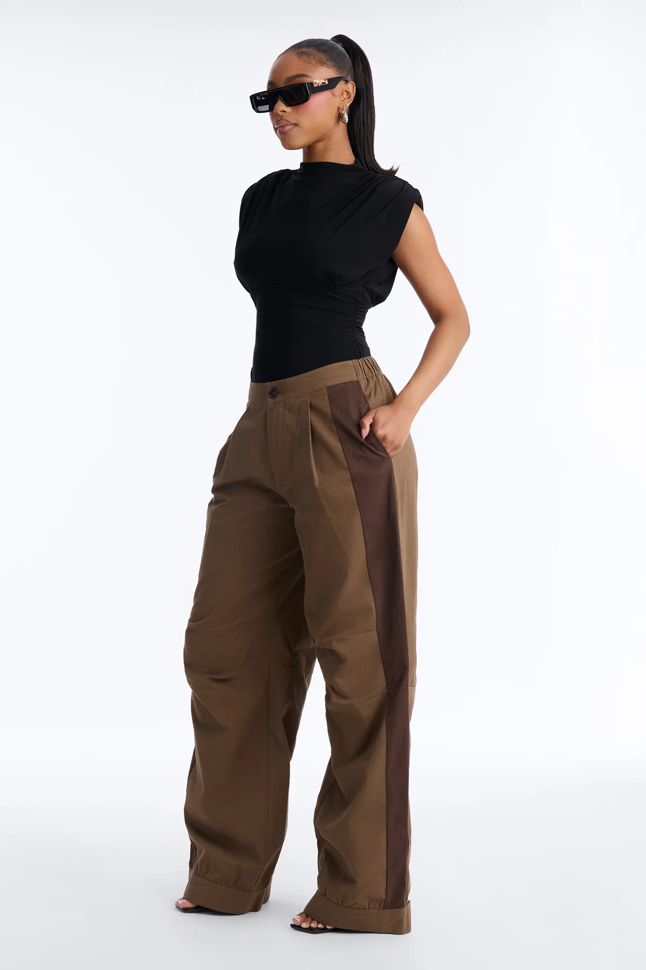 Zuri Mid Rise Colorblock Wide Leg Pant 32″ - Olive/combo - Image 2